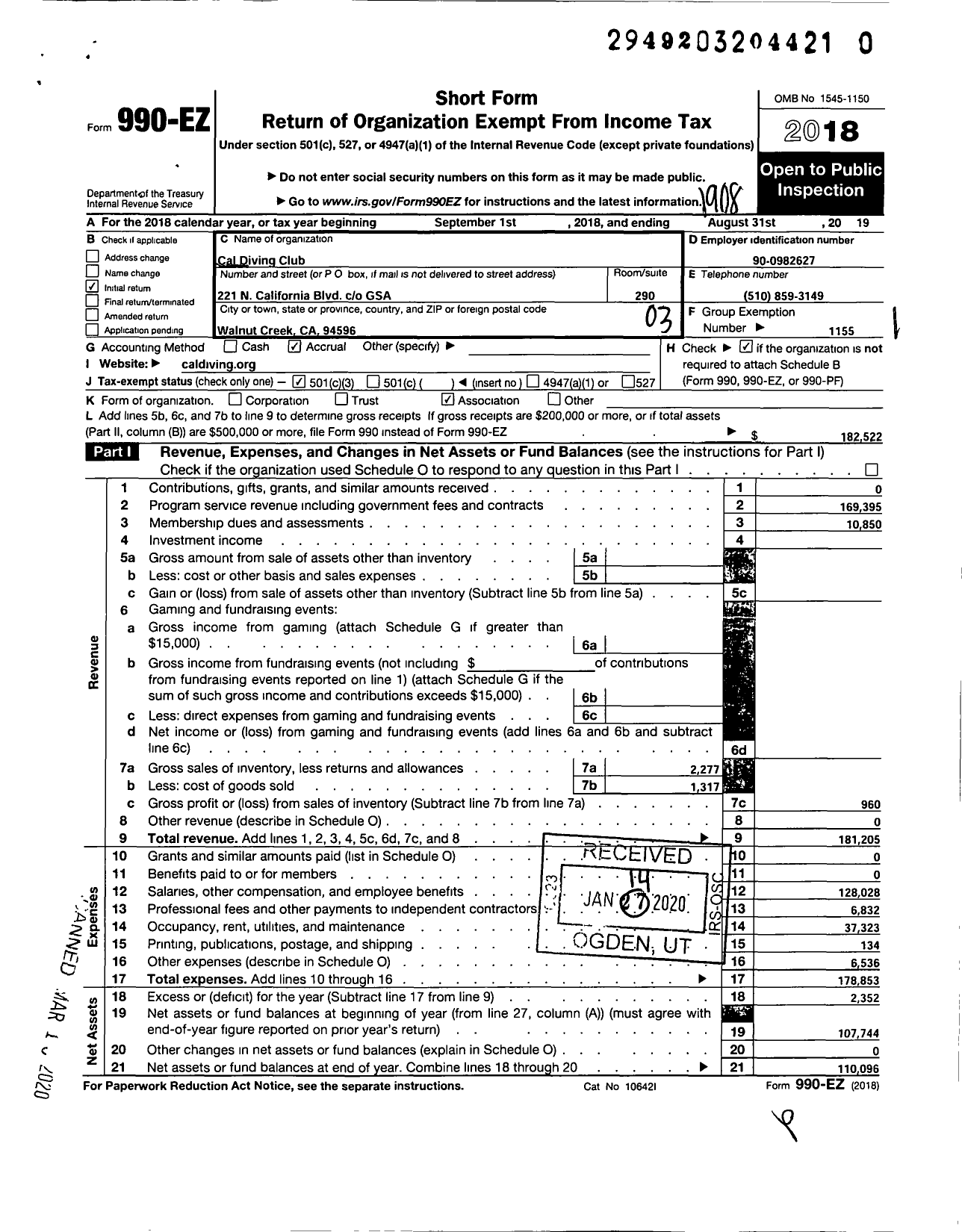 Image of first page of 2018 Form 990EZ for Amateur Athletic Union - Cal Diving Club