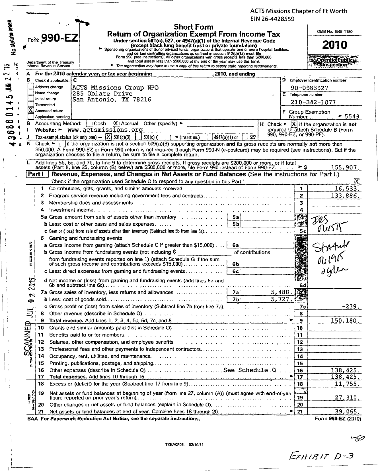 Image of first page of 2010 Form 990EZ for Acts Missions Group Npo