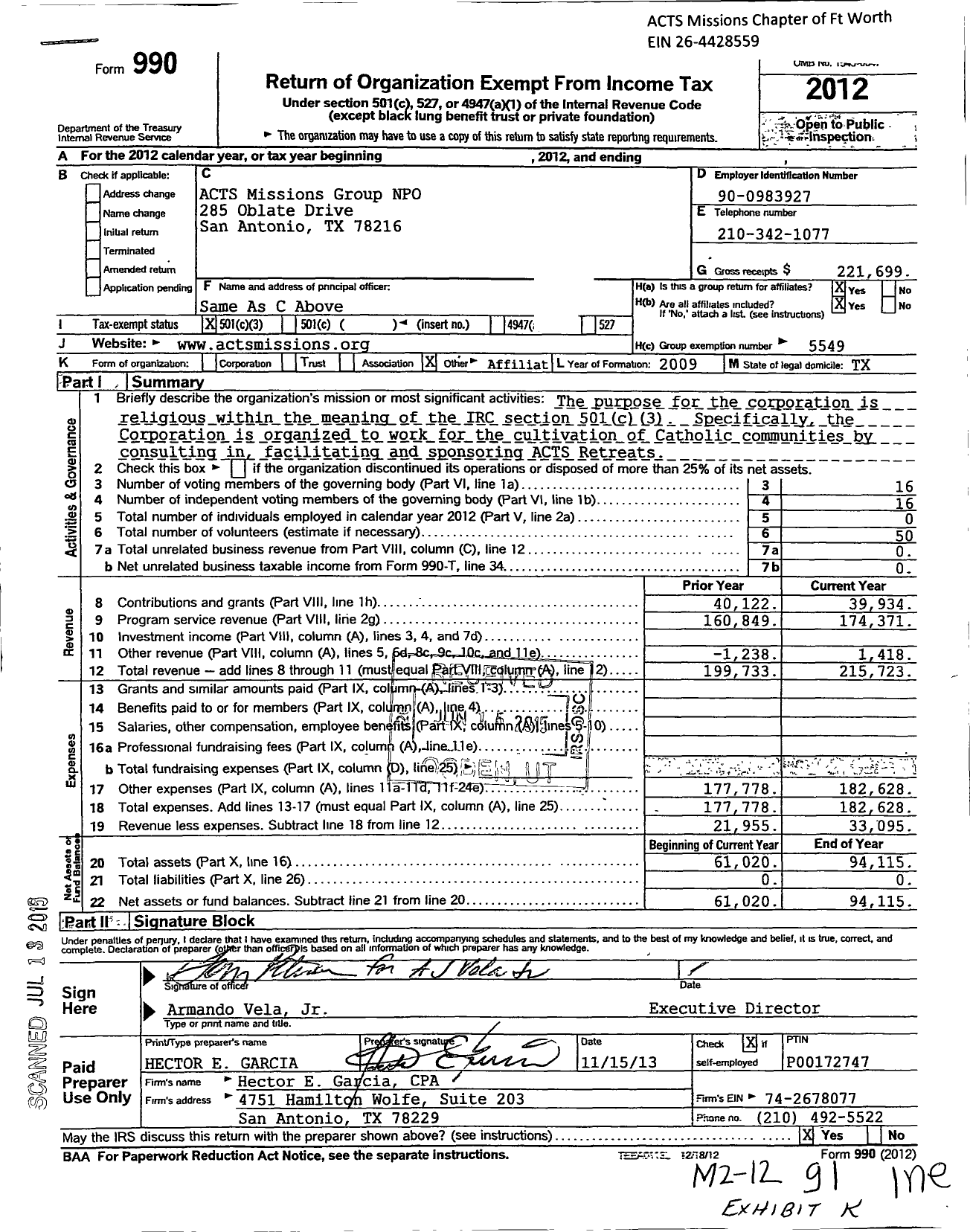 Image of first page of 2012 Form 990 for Acts Missions Group Npo