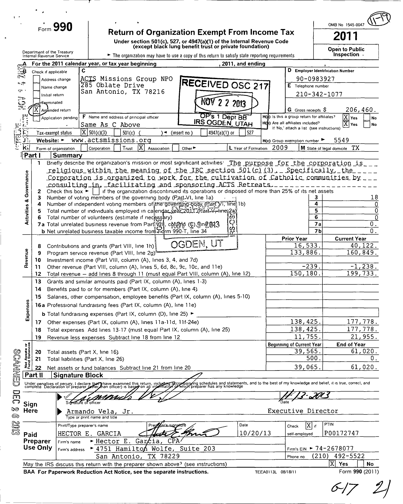 Image of first page of 2011 Form 990 for Acts Missions Group Npo