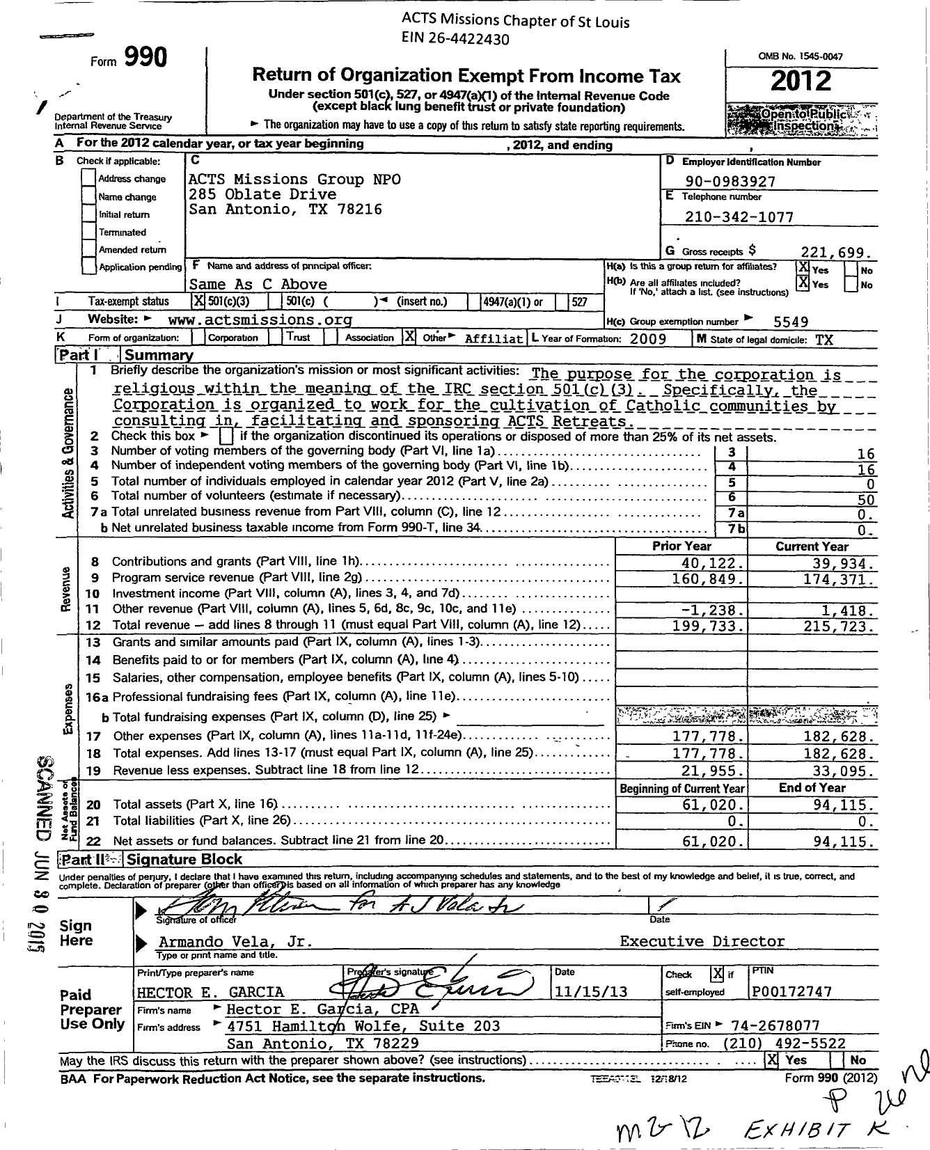 Image of first page of 2012 Form 990 for Acts Missions Group Npo