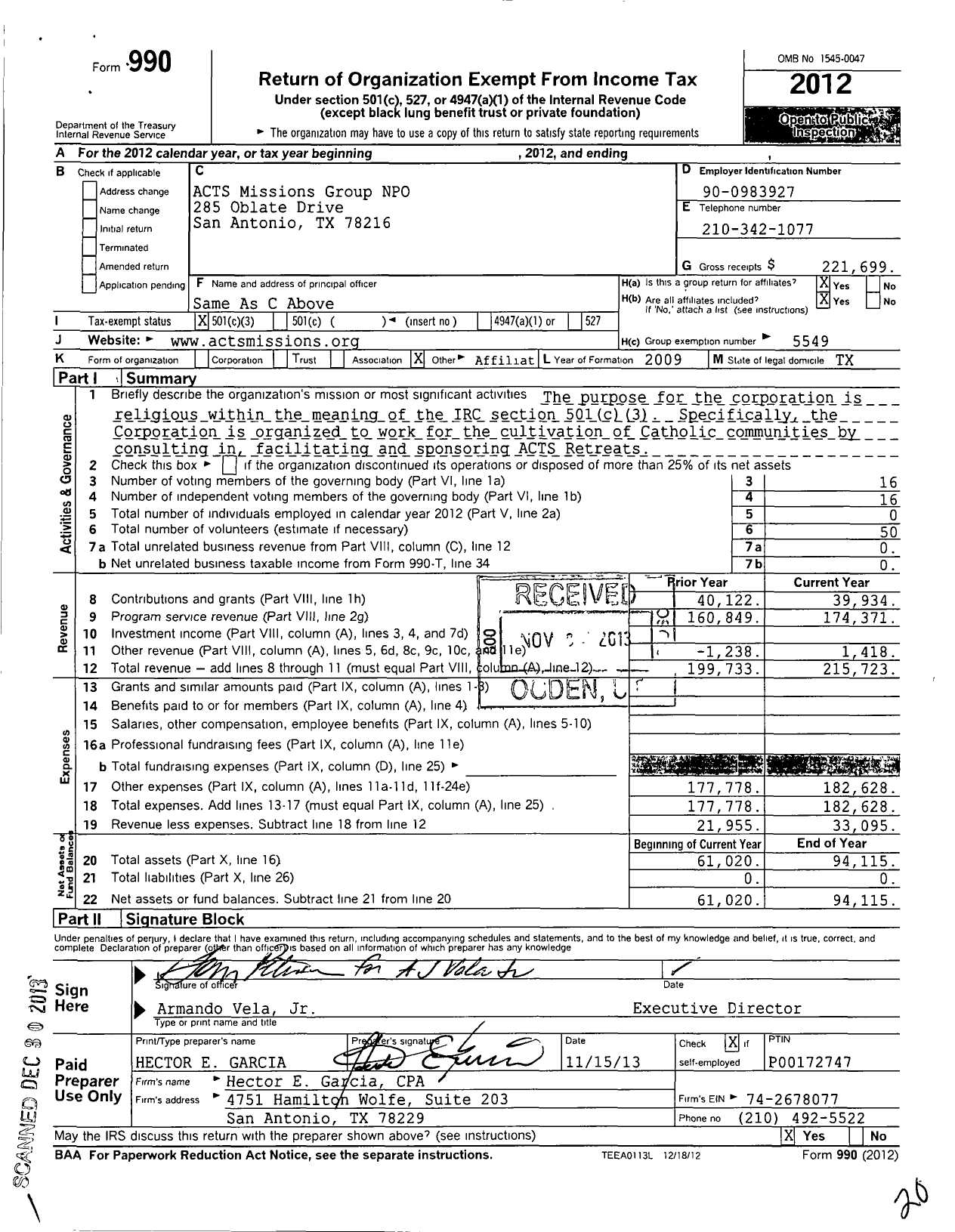 Image of first page of 2012 Form 990 for Acts Missions Group Npo