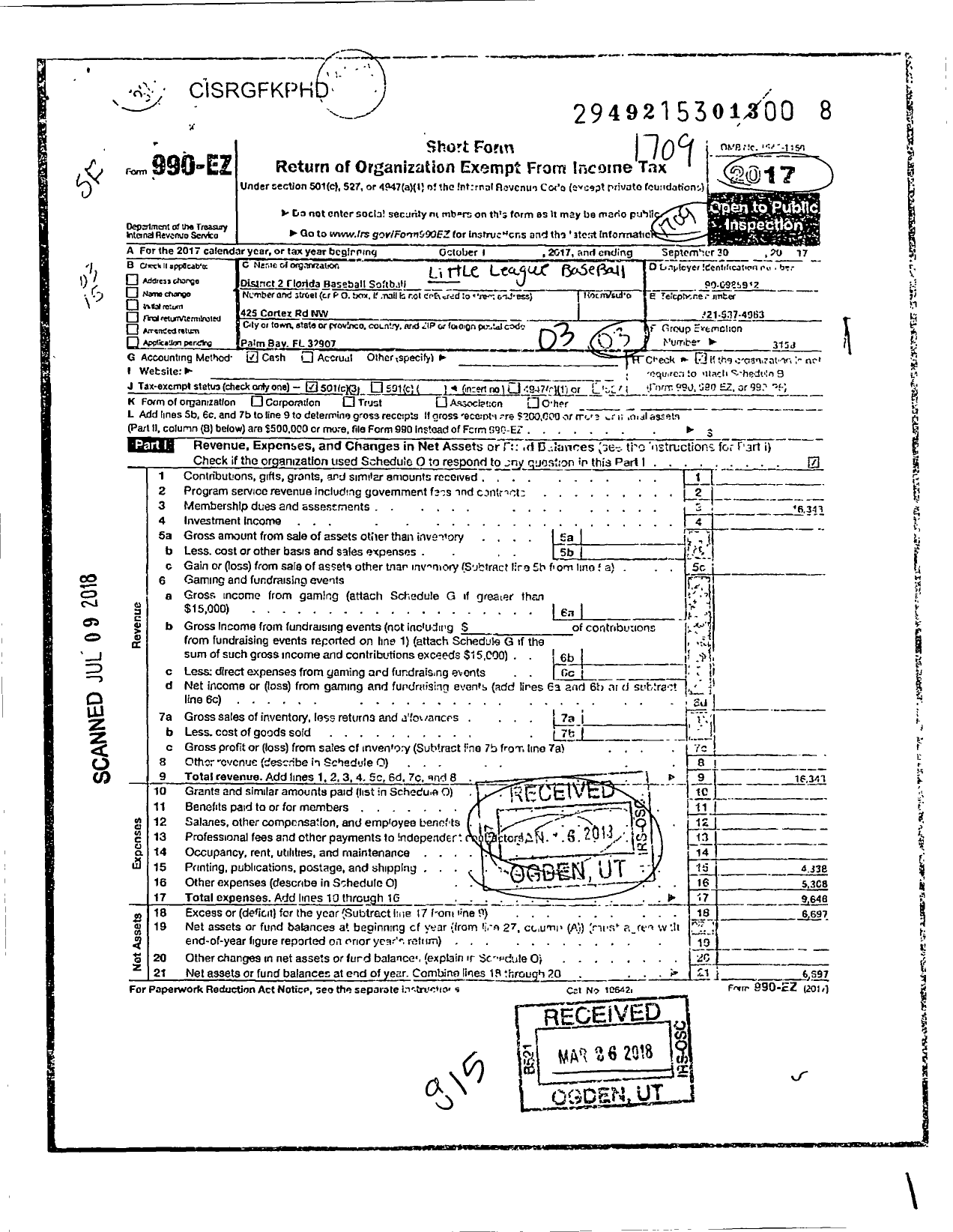 Image of first page of 2016 Form 990EZ for Little League Baseball - 3090200 Ken Oneill