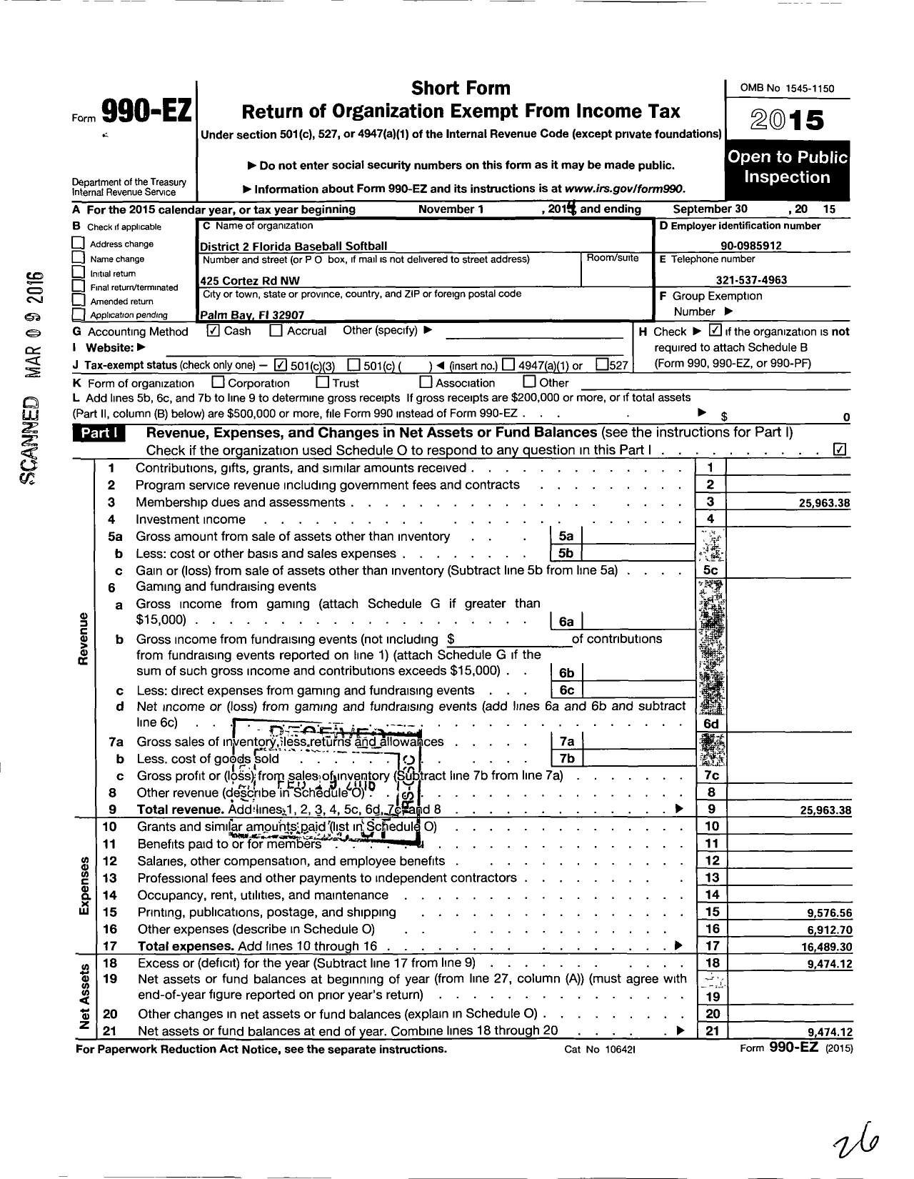 Image of first page of 2014 Form 990EZ for Little League Baseball - 3090200 Ken Oneill