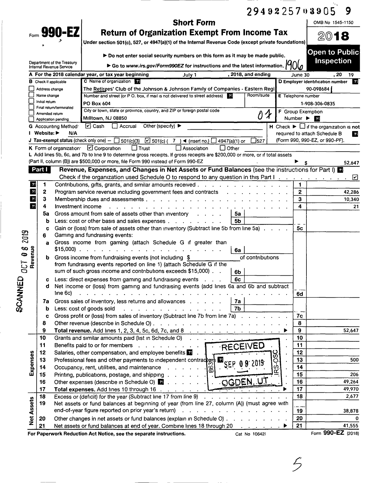Image of first page of 2018 Form 990EO for Retirees Club of the Johnson and Johnson Family of Companies