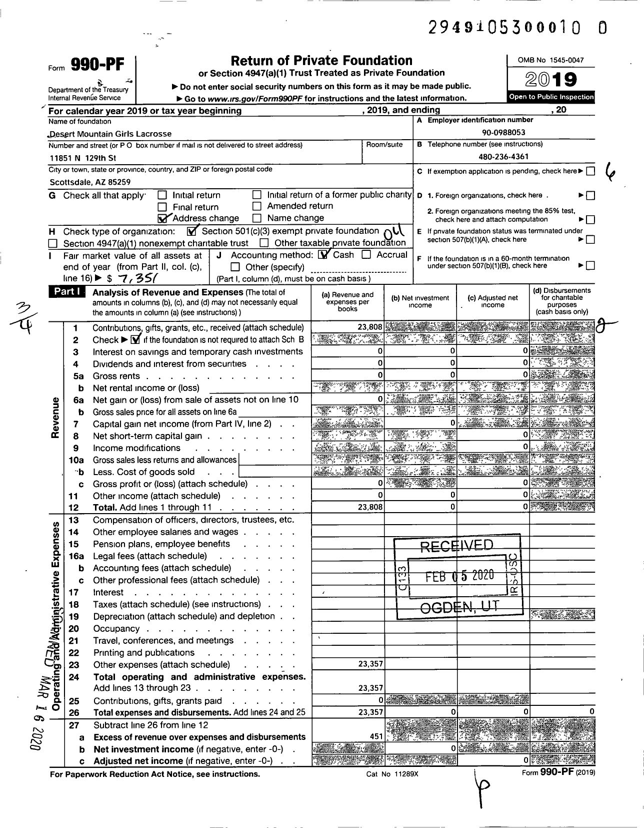 Image of first page of 2019 Form 990PR for Desert Mountain Girls Lacrosse