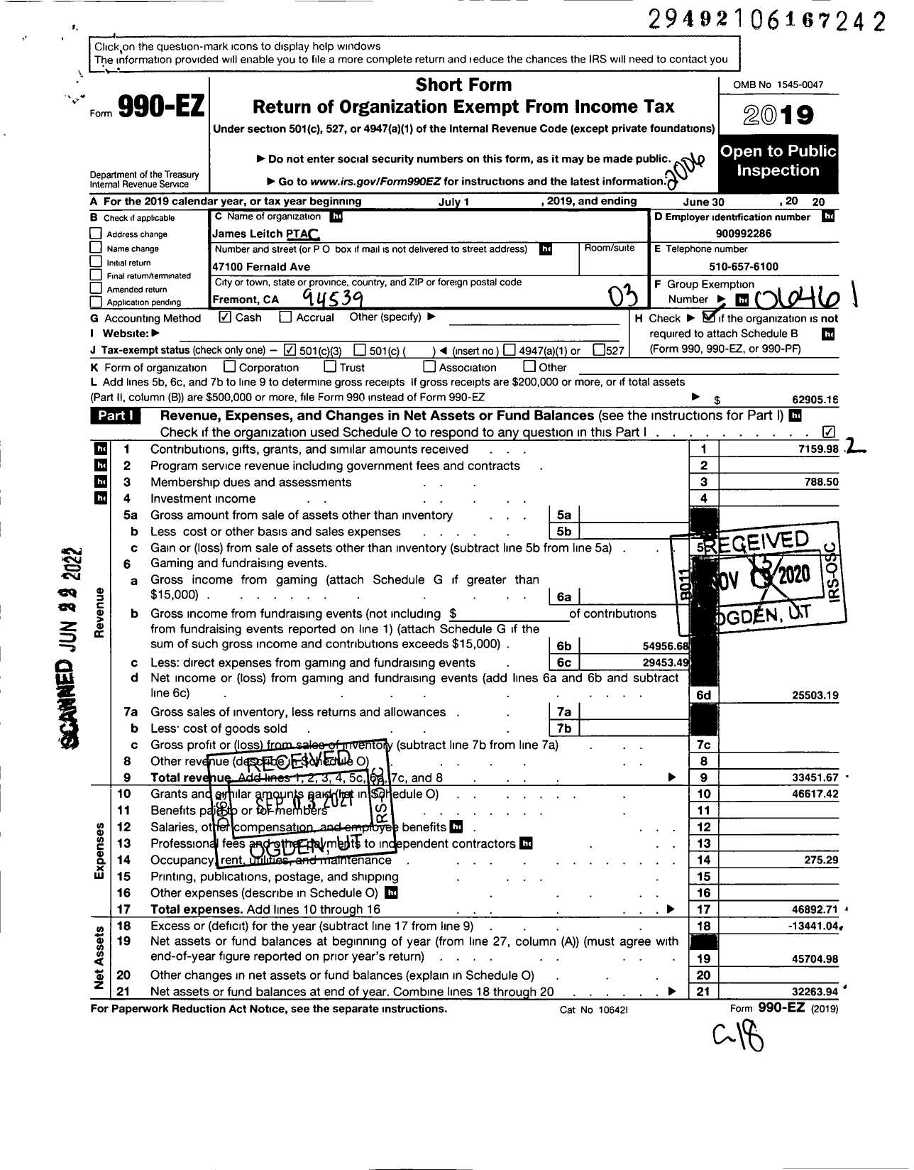 Image of first page of 2019 Form 990EZ for California State PTA - James Leitch PTA