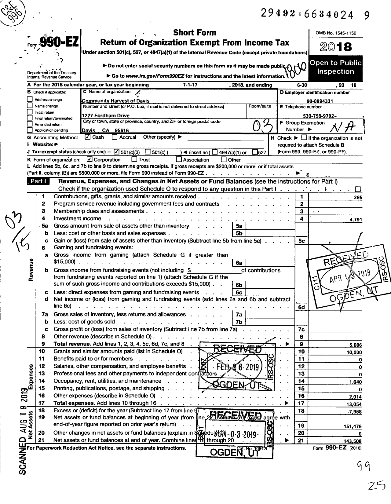 Image of first page of 2017 Form 990EZ for Community Harviest of Davis