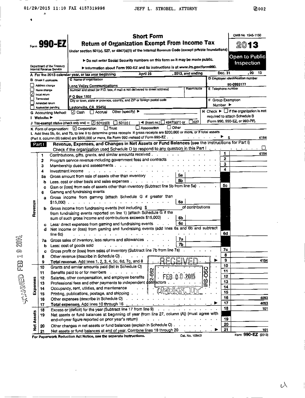 Image of first page of 2013 Form 990EZ for Long Valley Communications