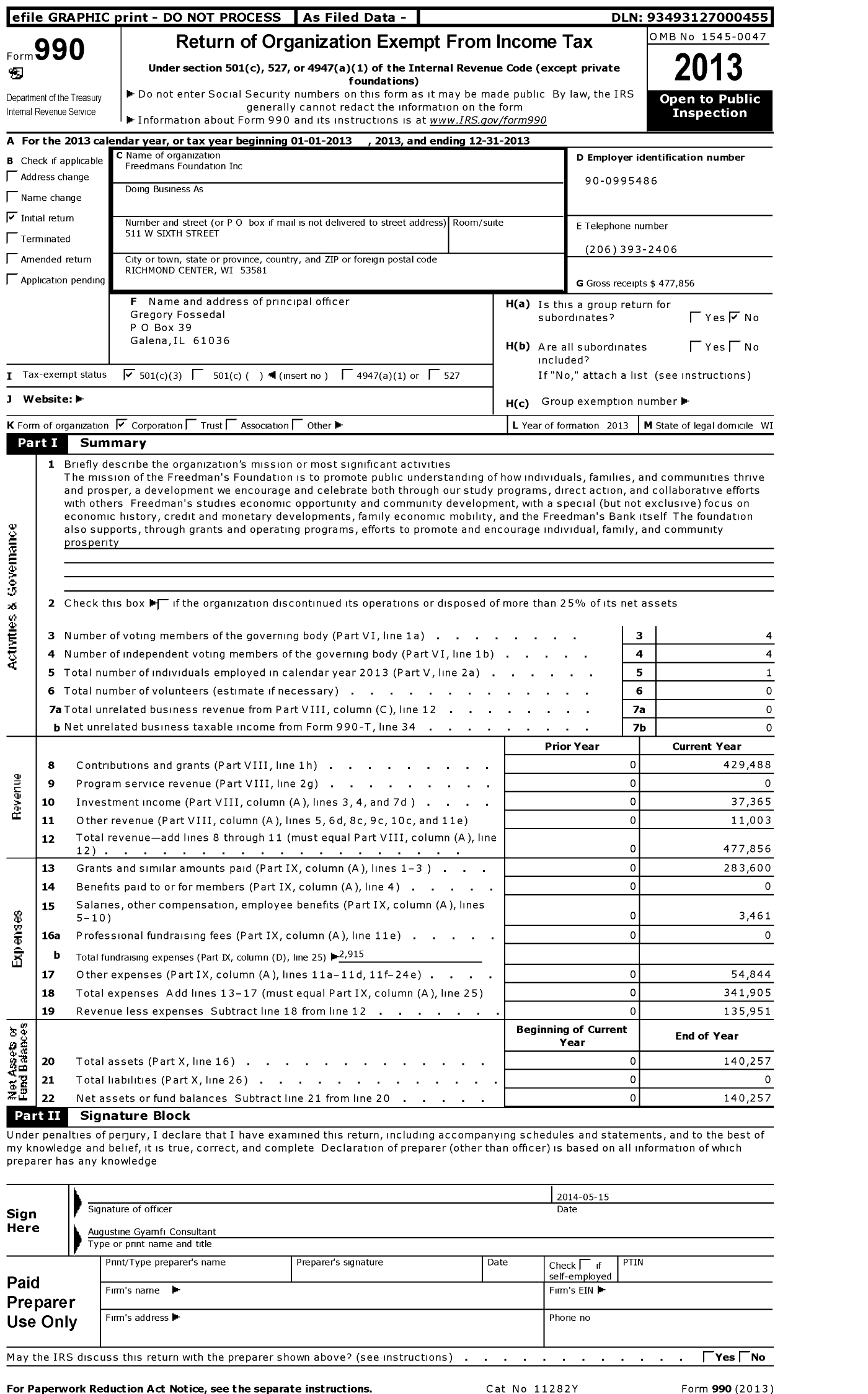 Image of first page of 2013 Form 990 for Freedmans Foundation