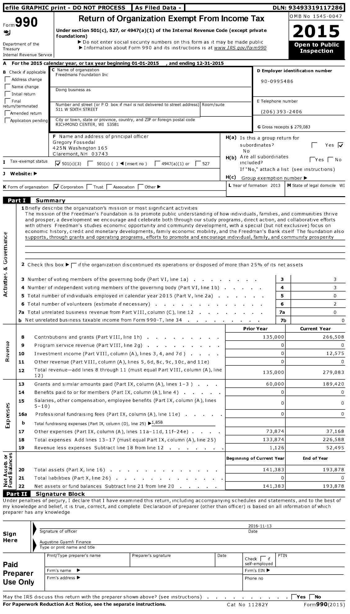 Image of first page of 2015 Form 990 for Freedmans Foundation