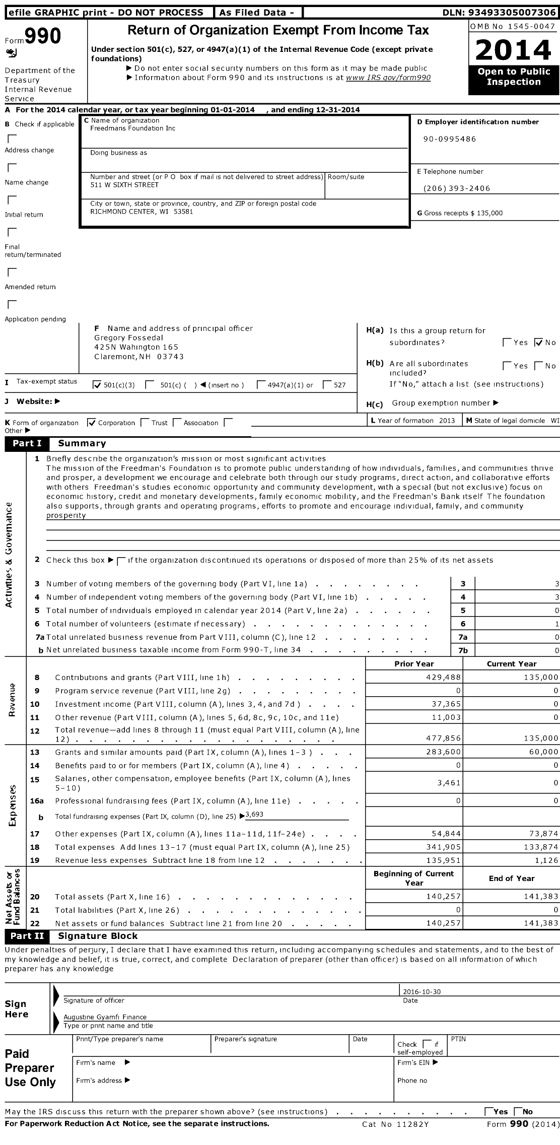 Image of first page of 2014 Form 990 for Freedmans Foundation