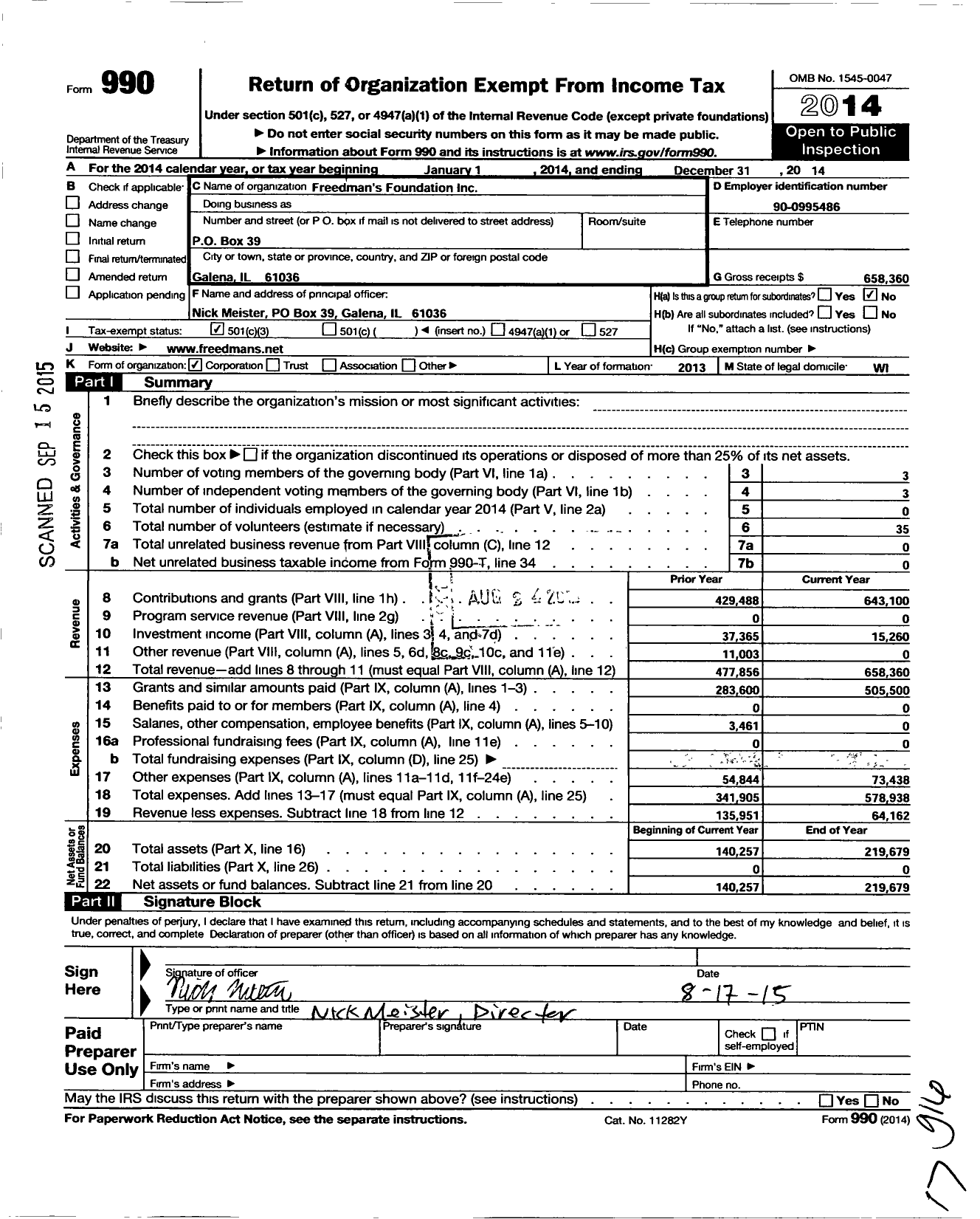 Image of first page of 2014 Form 990 for Freedmans Foundation