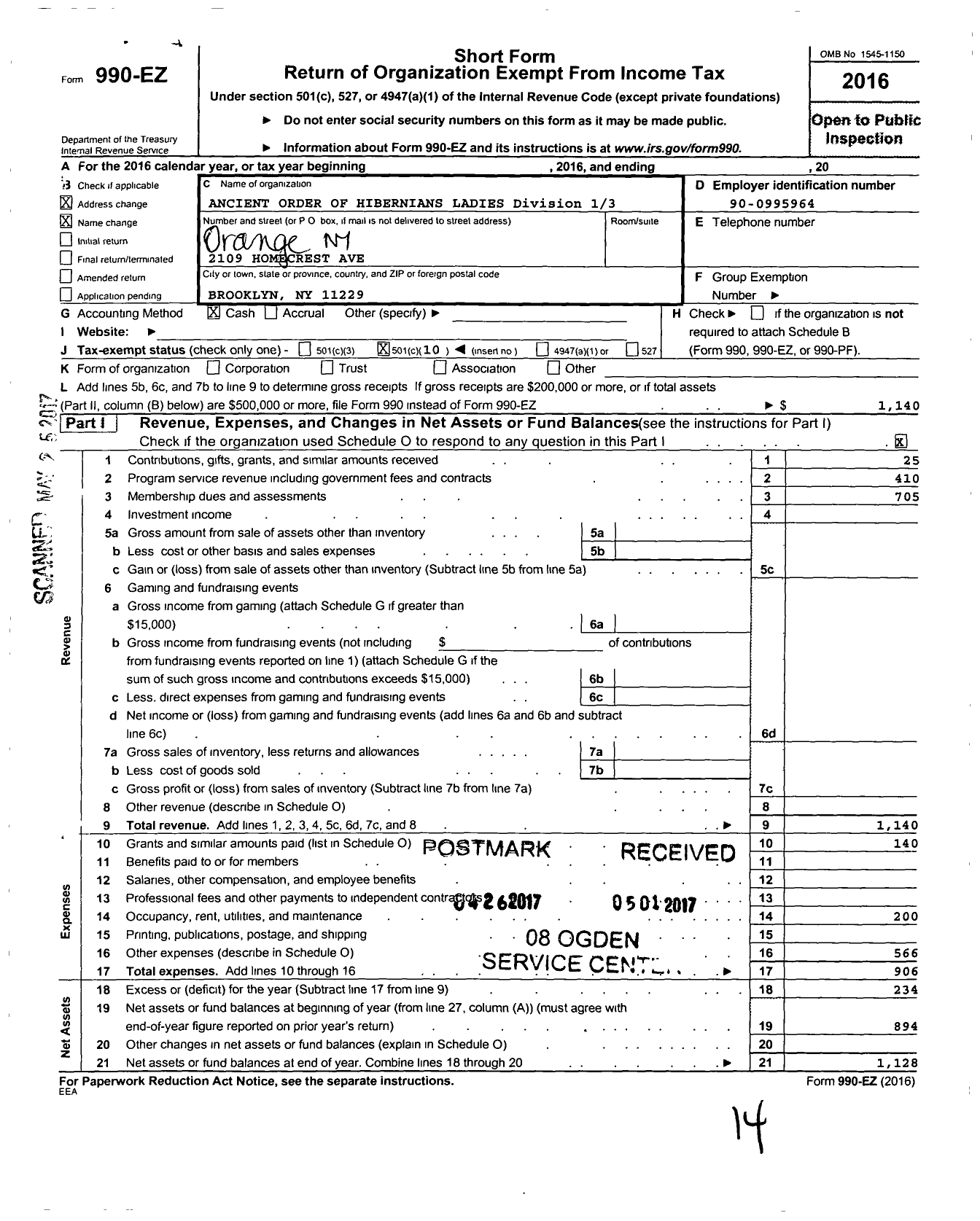 Image of first page of 2016 Form 990EO for ANCIENT ORDER OF HIBERNIANS LADIES Division 13