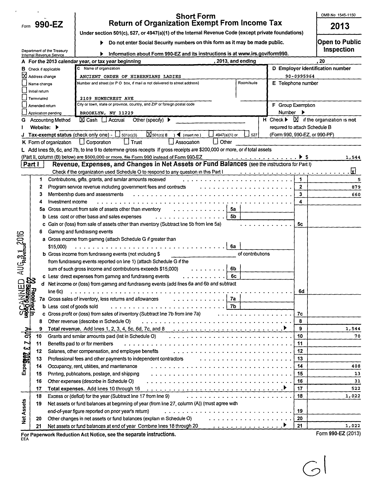 Image of first page of 2013 Form 990EO for ANCIENT ORDER OF HIBERNIANS LADIES Division 13