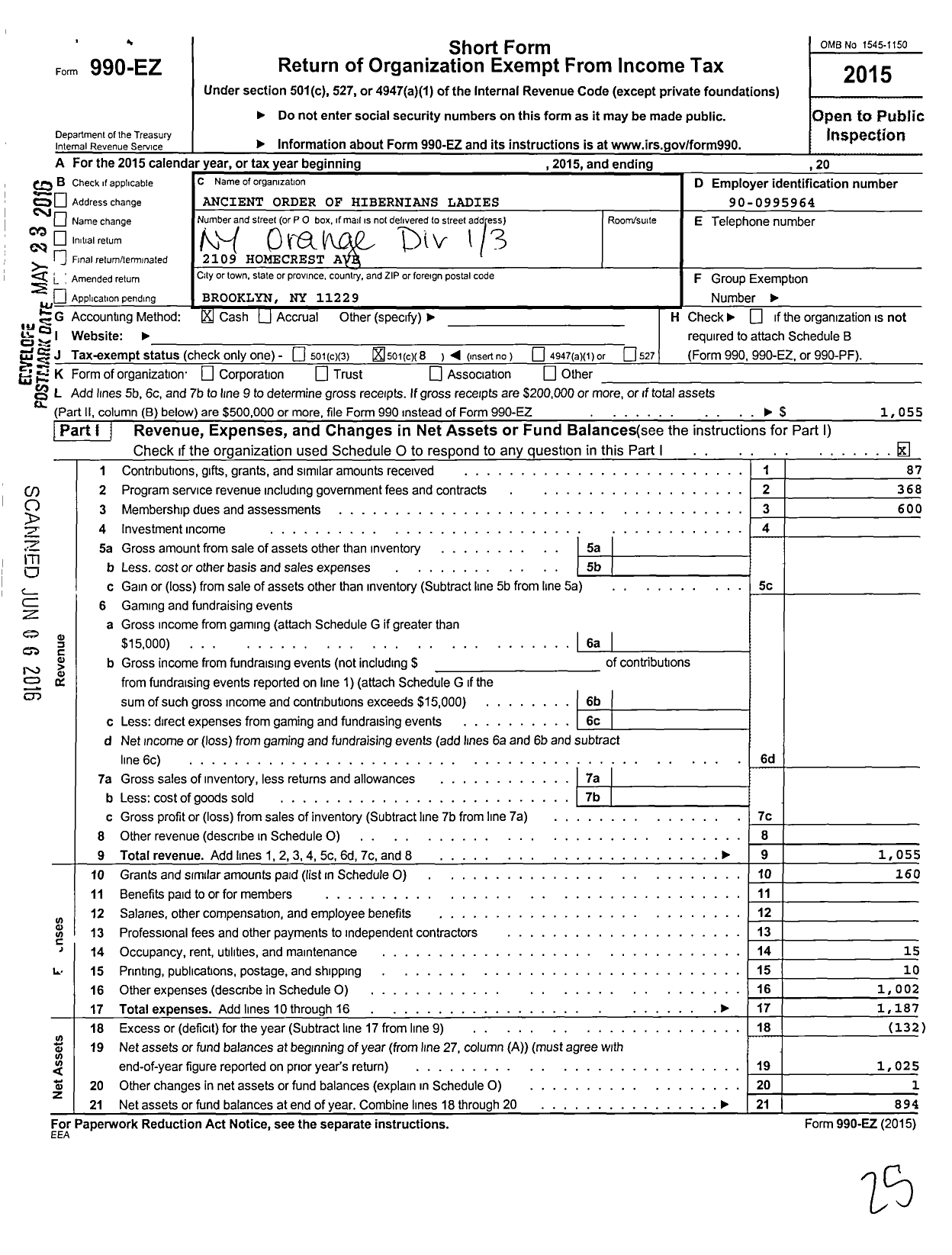 Image of first page of 2015 Form 990EO for ANCIENT ORDER OF HIBERNIANS LADIES Division 13