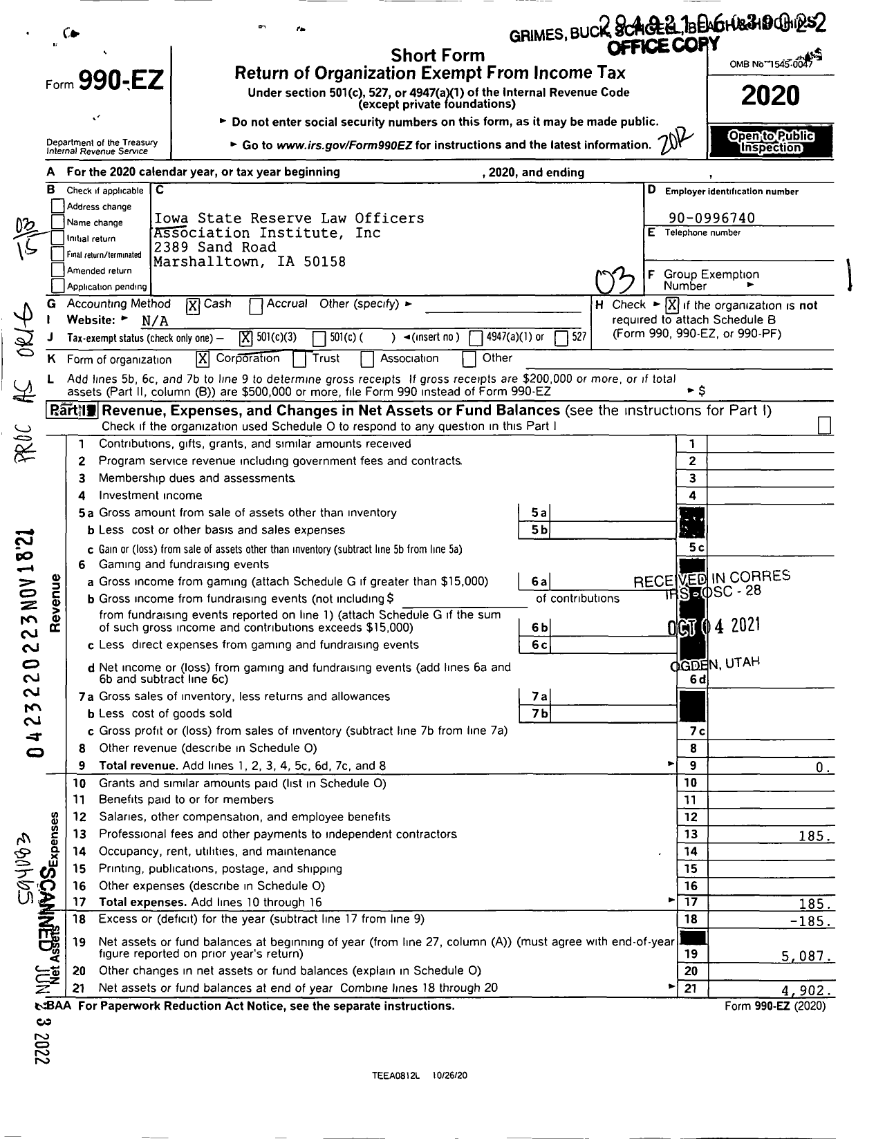 Image of first page of 2020 Form 990EZ for Iowa State Reserve Law Officers Institute