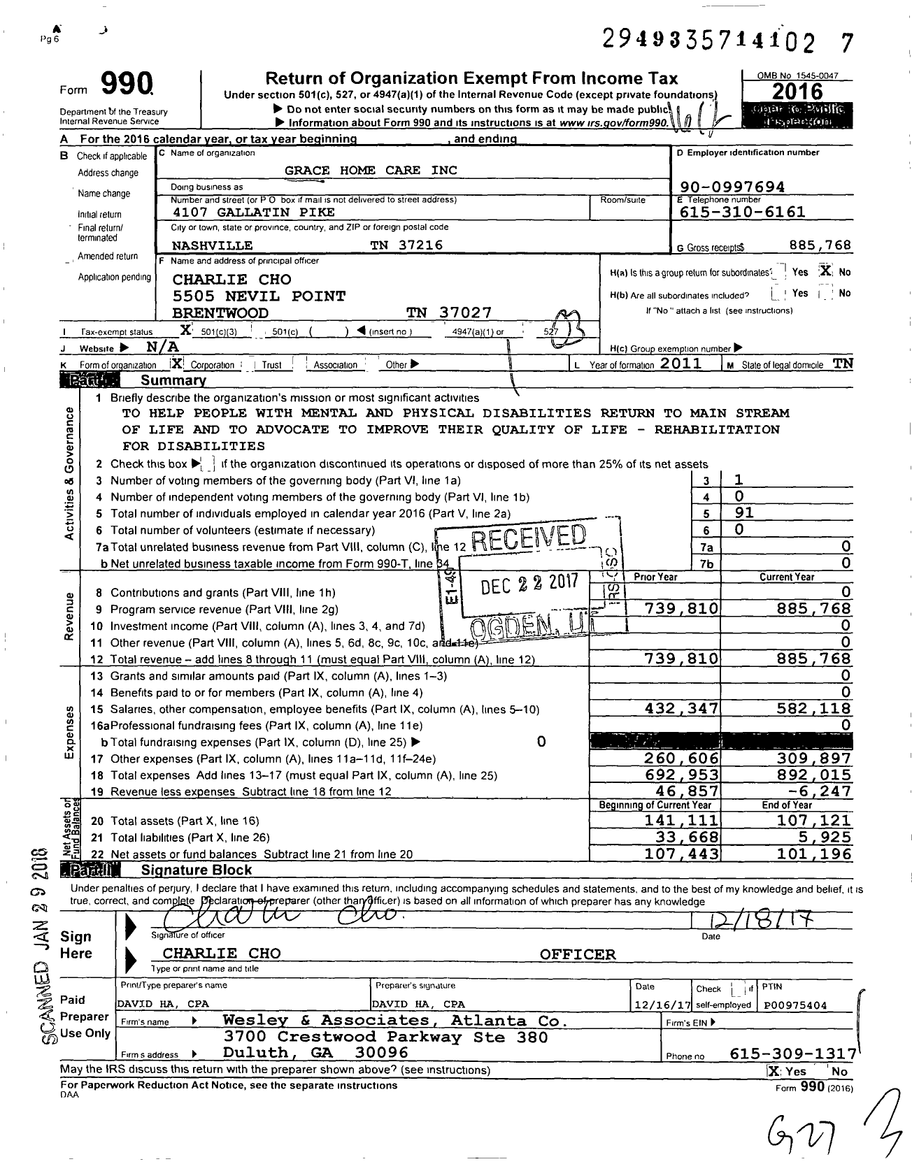 Image of first page of 2016 Form 990 for Grace Home Care / Azalea Trace Assisted Living