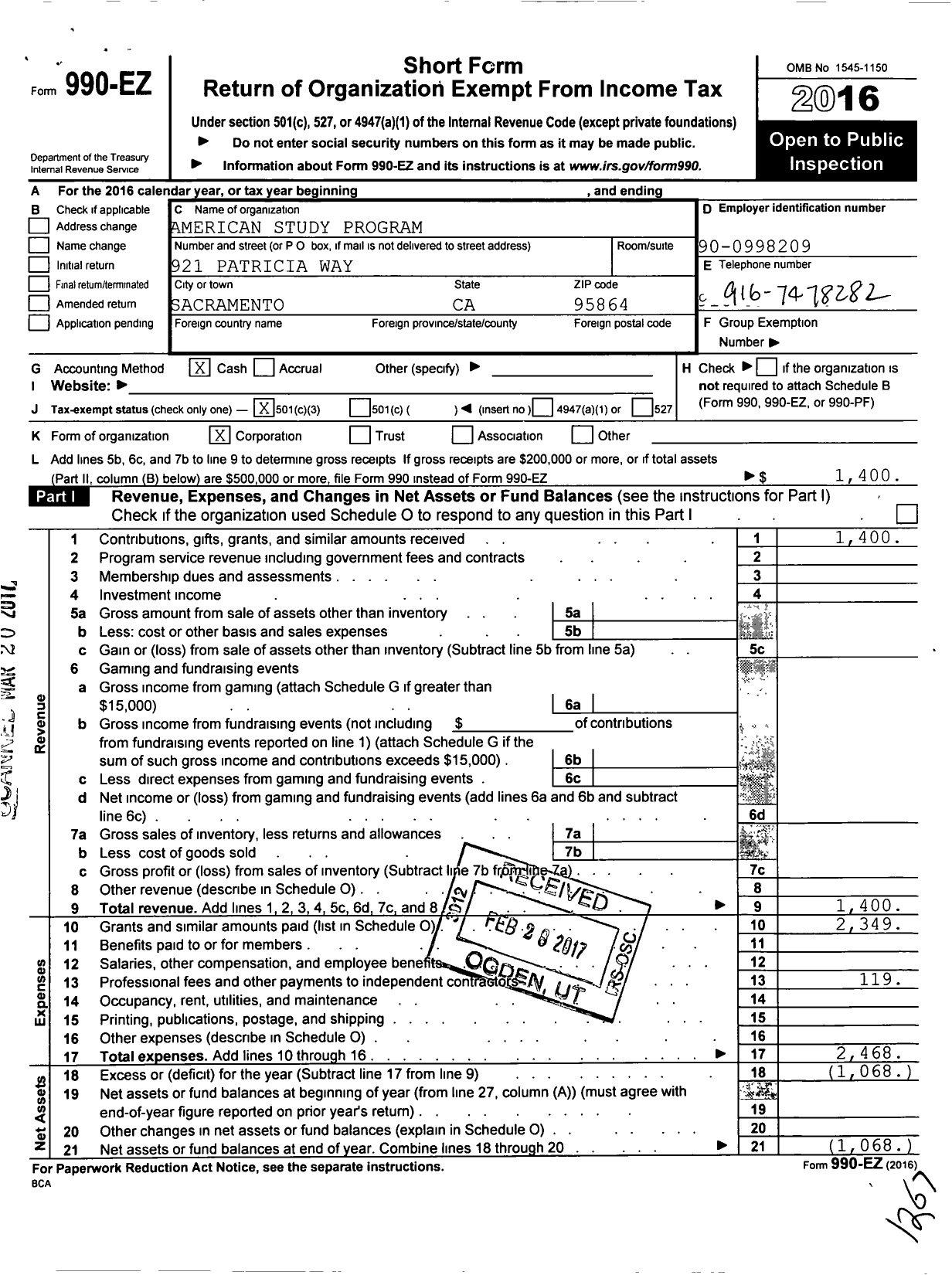 Image of first page of 2016 Form 990EZ for American Study Program