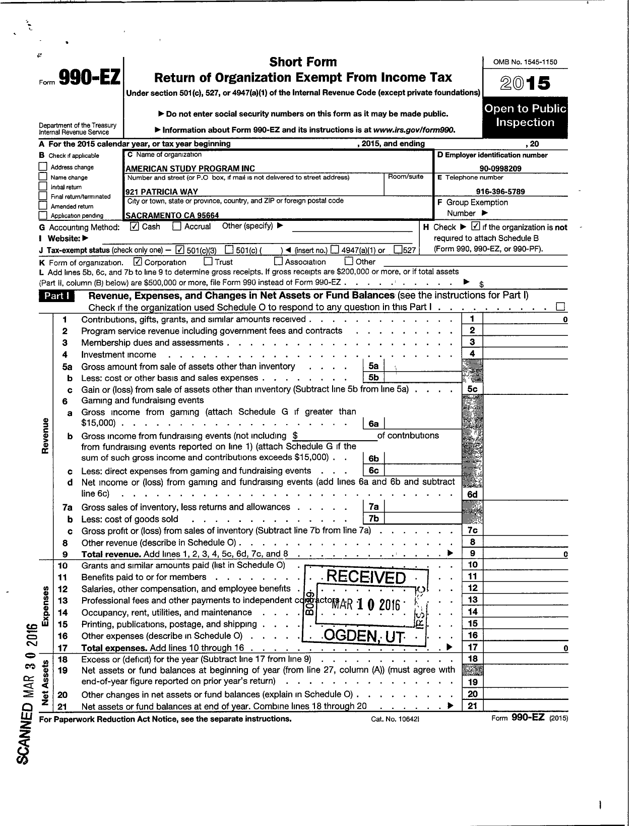 Image of first page of 2015 Form 990EZ for American Study Program