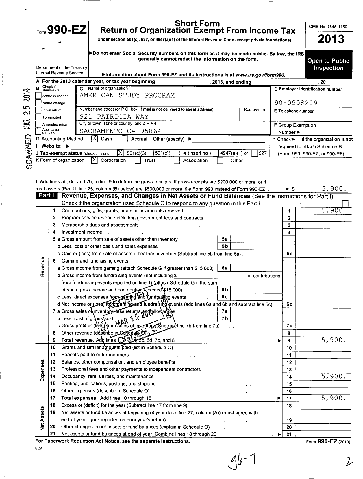 Image of first page of 2013 Form 990EZ for American Study Program