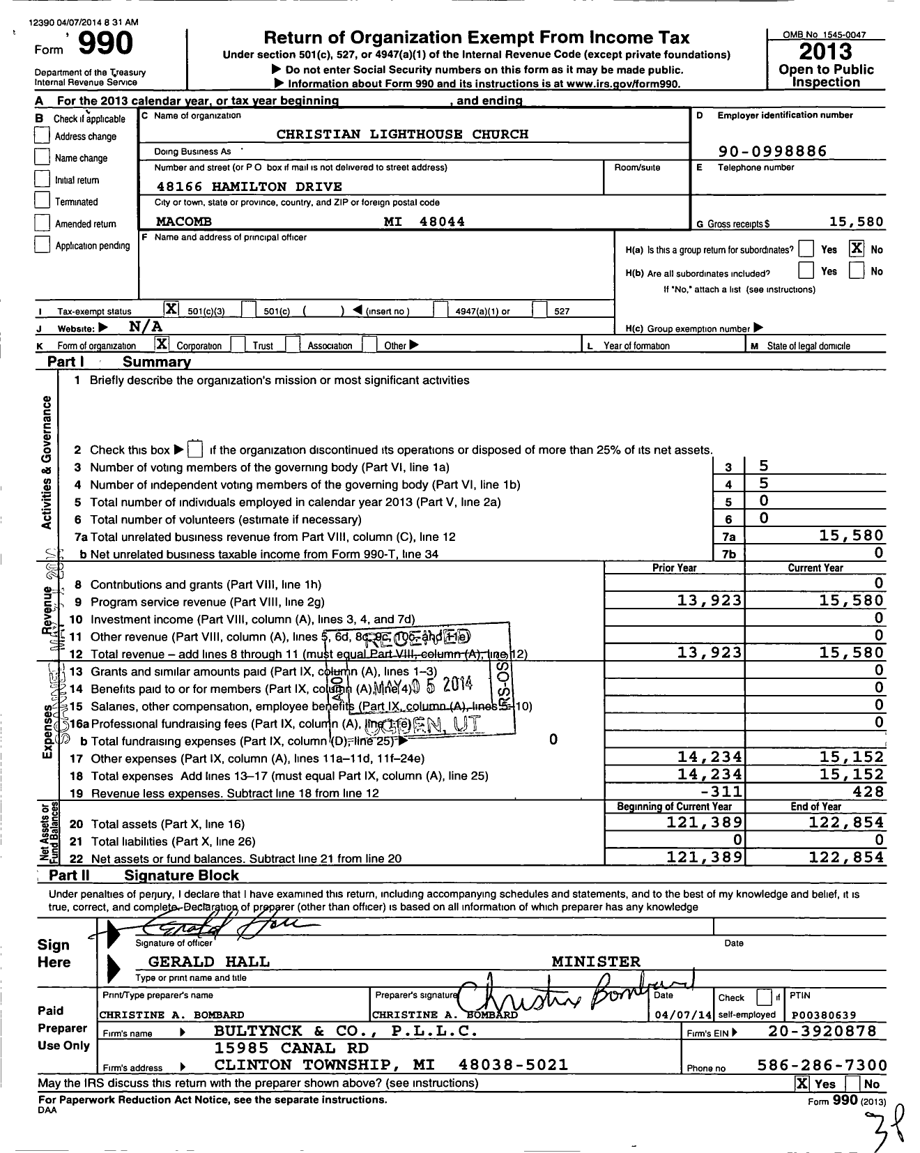 Image of first page of 2013 Form 990 for Christian Lighthouse Church