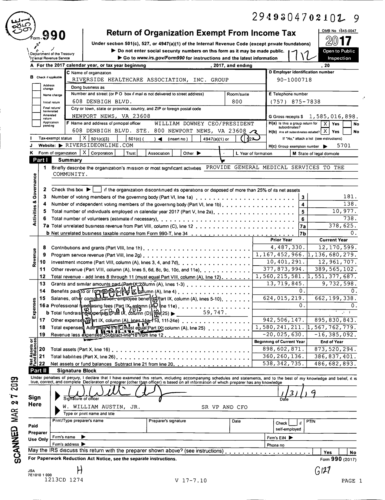 Image of first page of 2017 Form 990 for Riverside Healthcare Association Inc Group