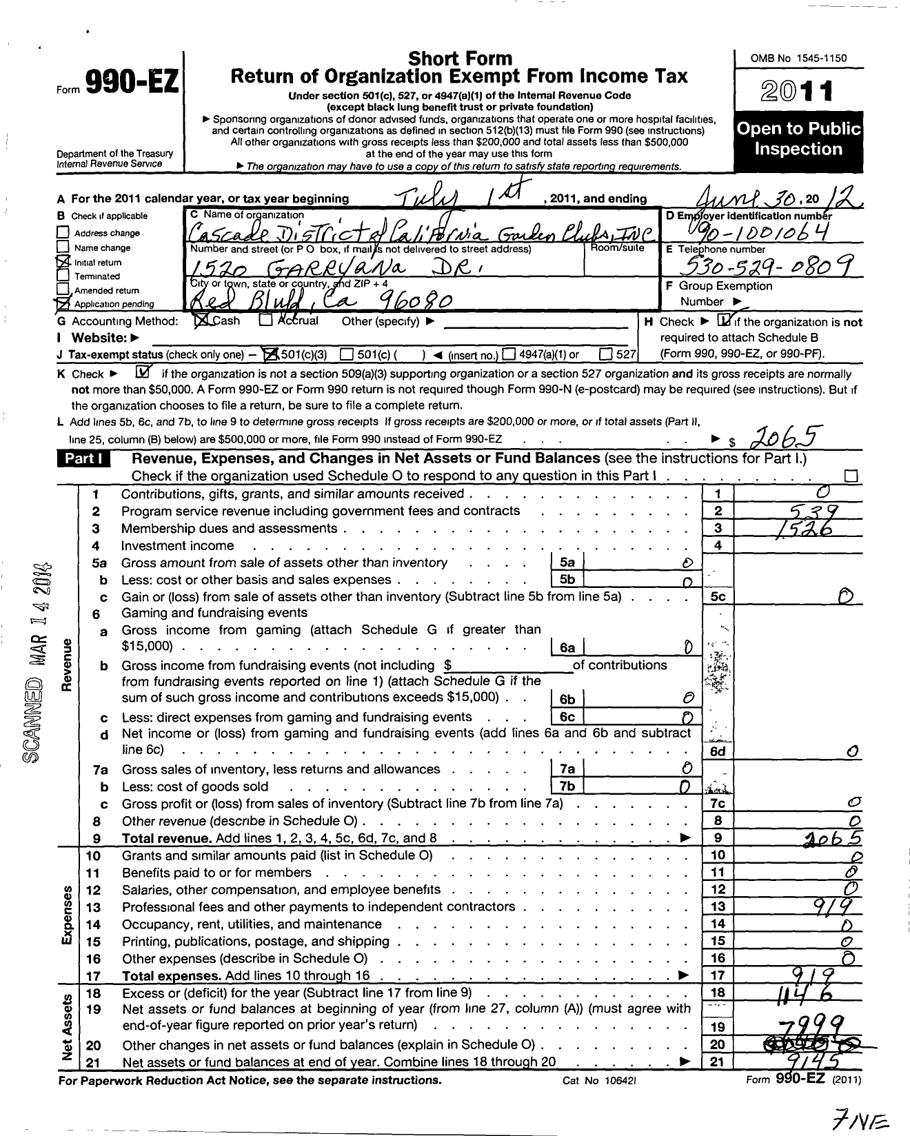 Image of first page of 2011 Form 990EZ for California Garden Clubs / Cascade District of Cgci