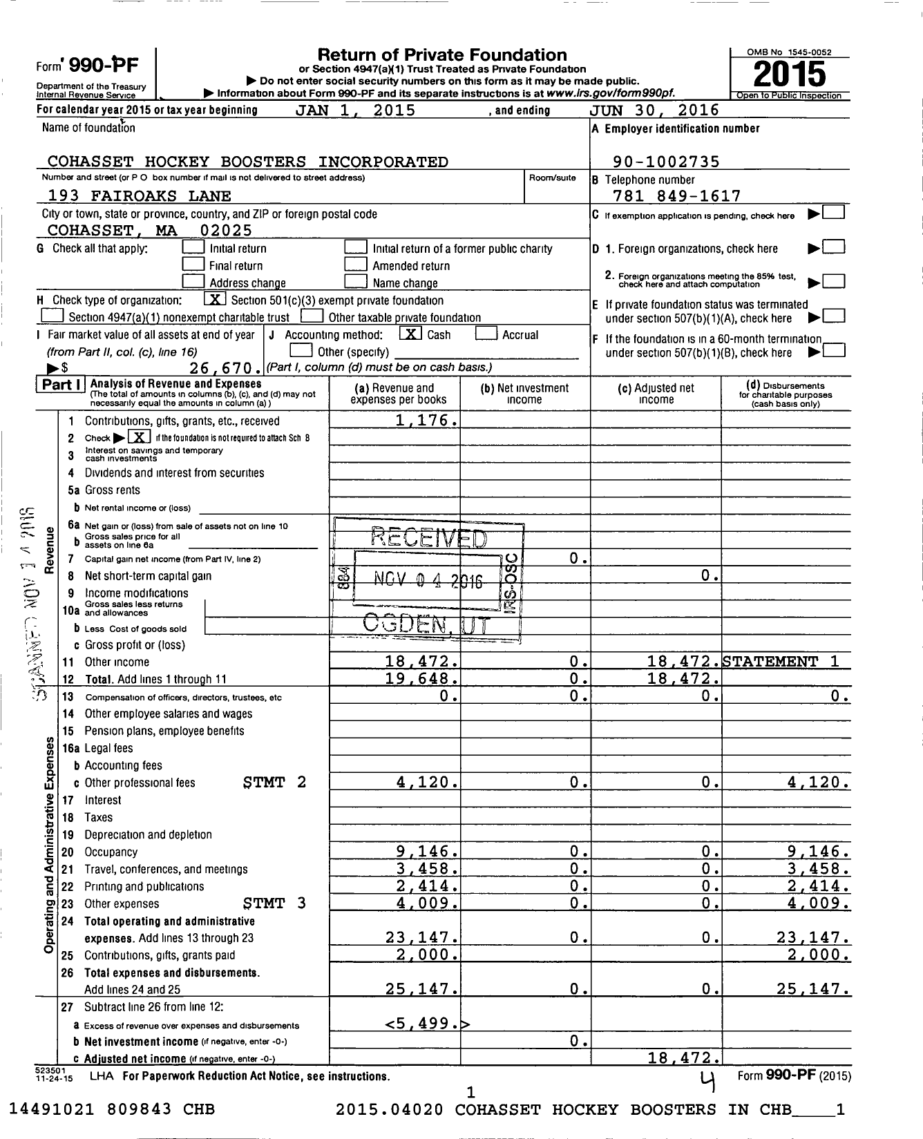 Image of first page of 2015 Form 990PF for Cohasset Hockey Boosters Incorporated