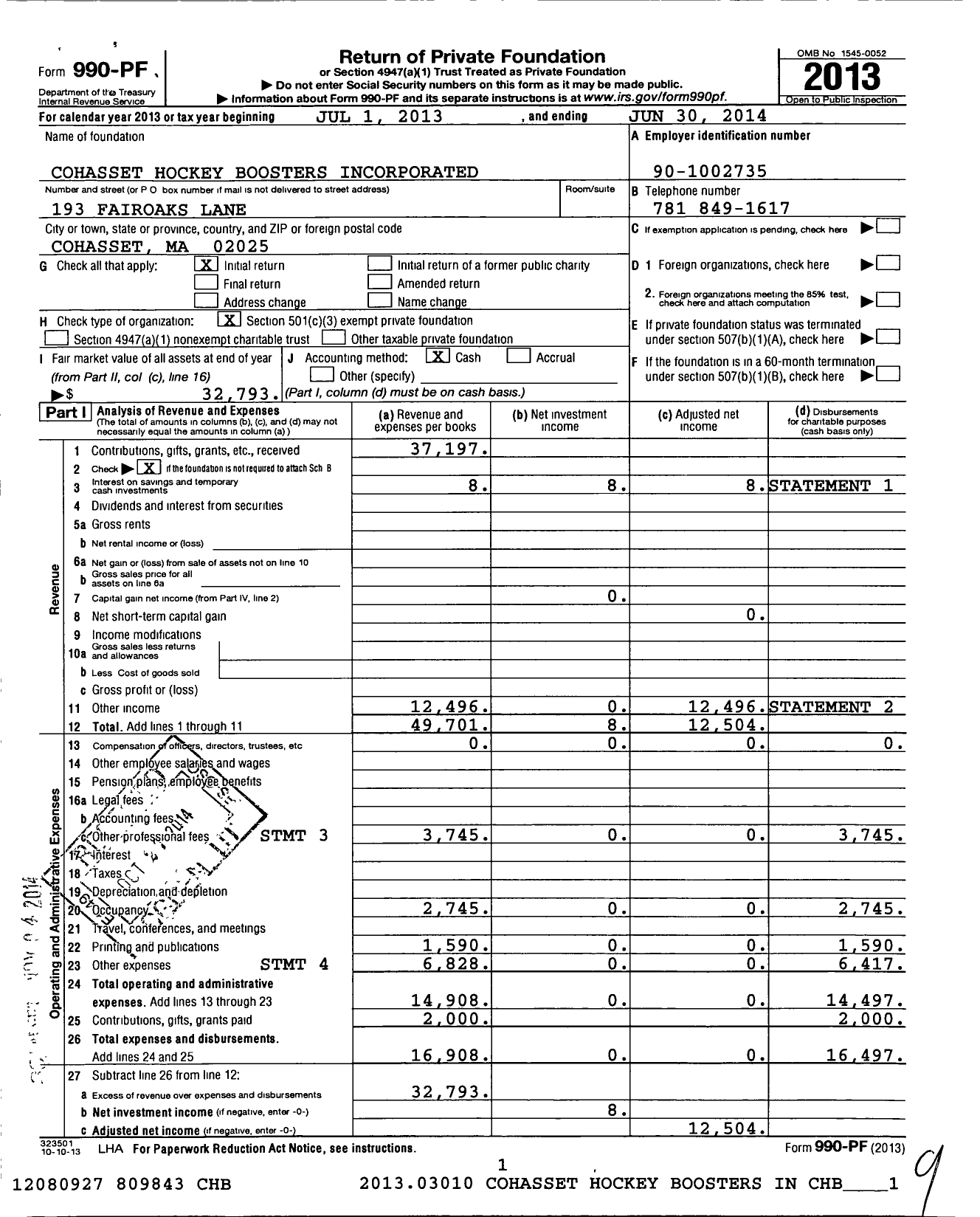 Image of first page of 2013 Form 990PF for Cohasset Hockey Boosters Incorporated