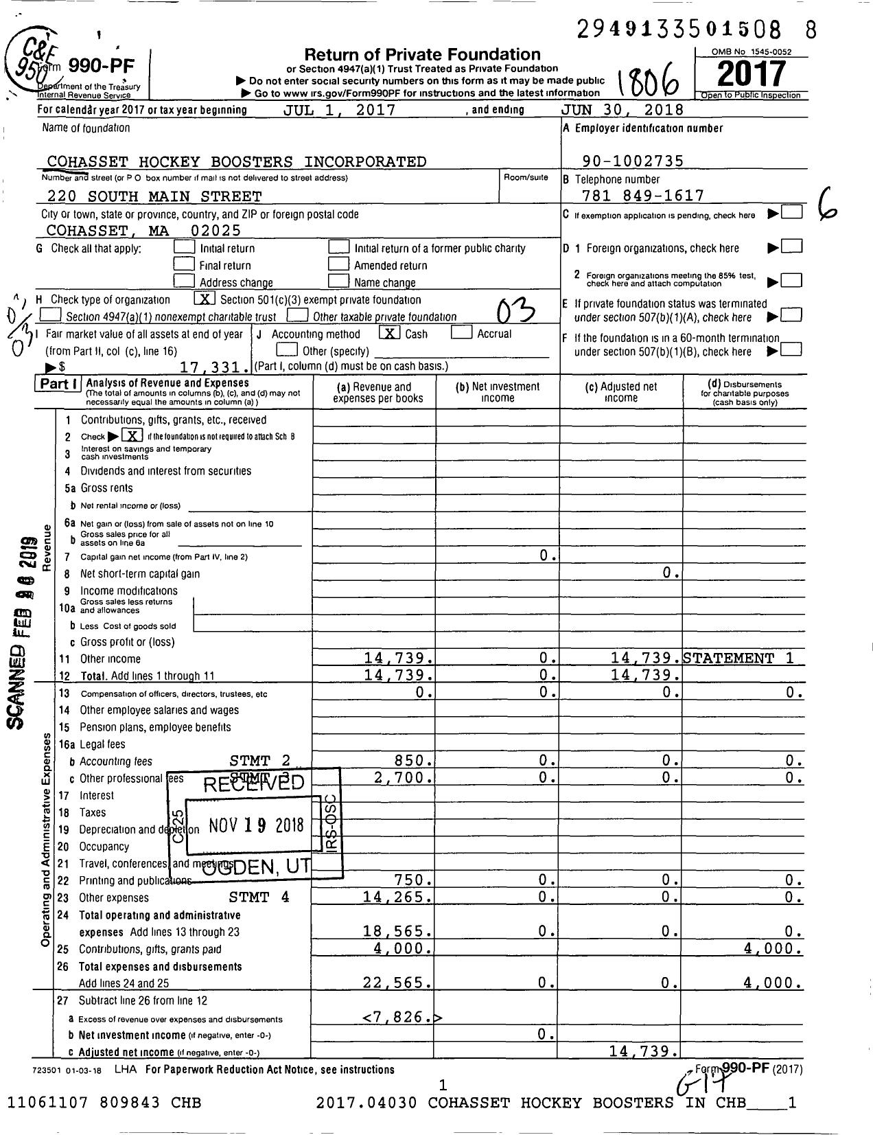 Image of first page of 2017 Form 990PF for Cohasset Hockey Boosters Incorporated