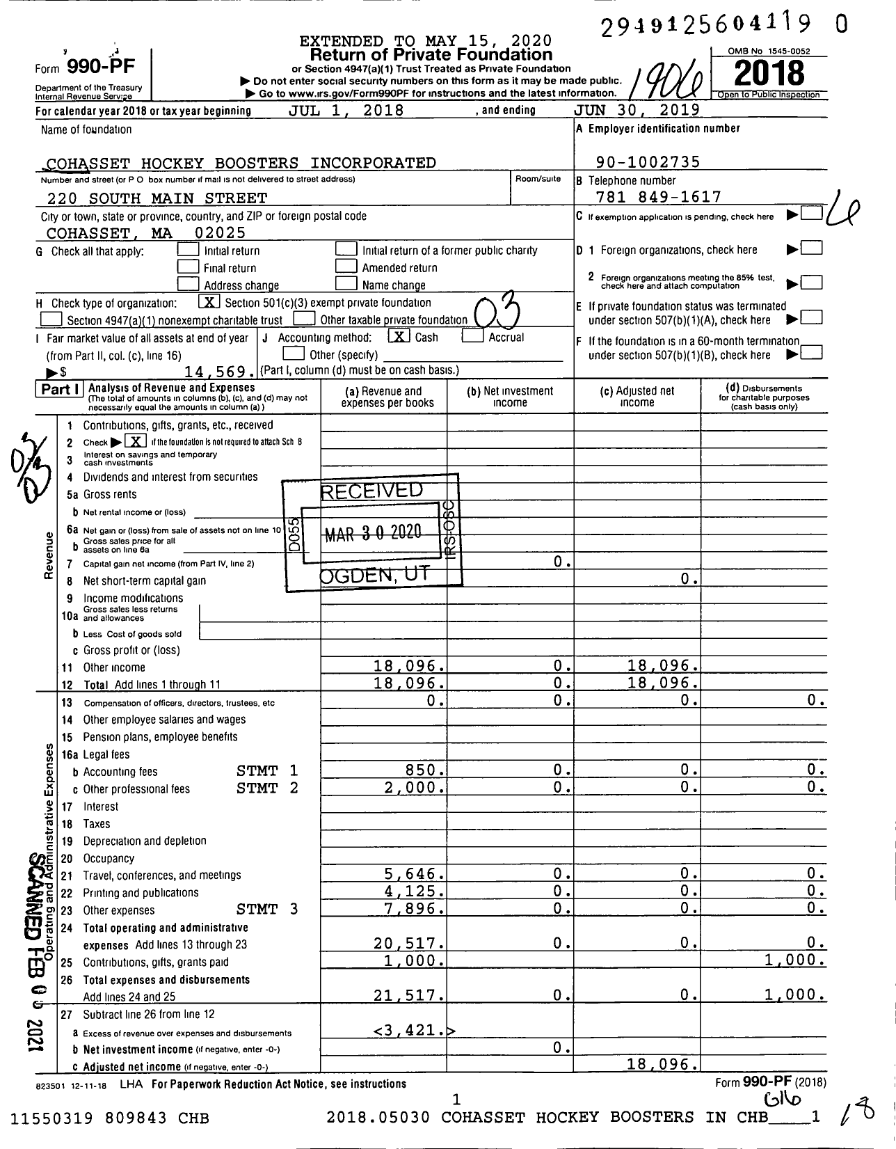 Image of first page of 2018 Form 990PF for Cohasset Hockey Boosters Incorporated