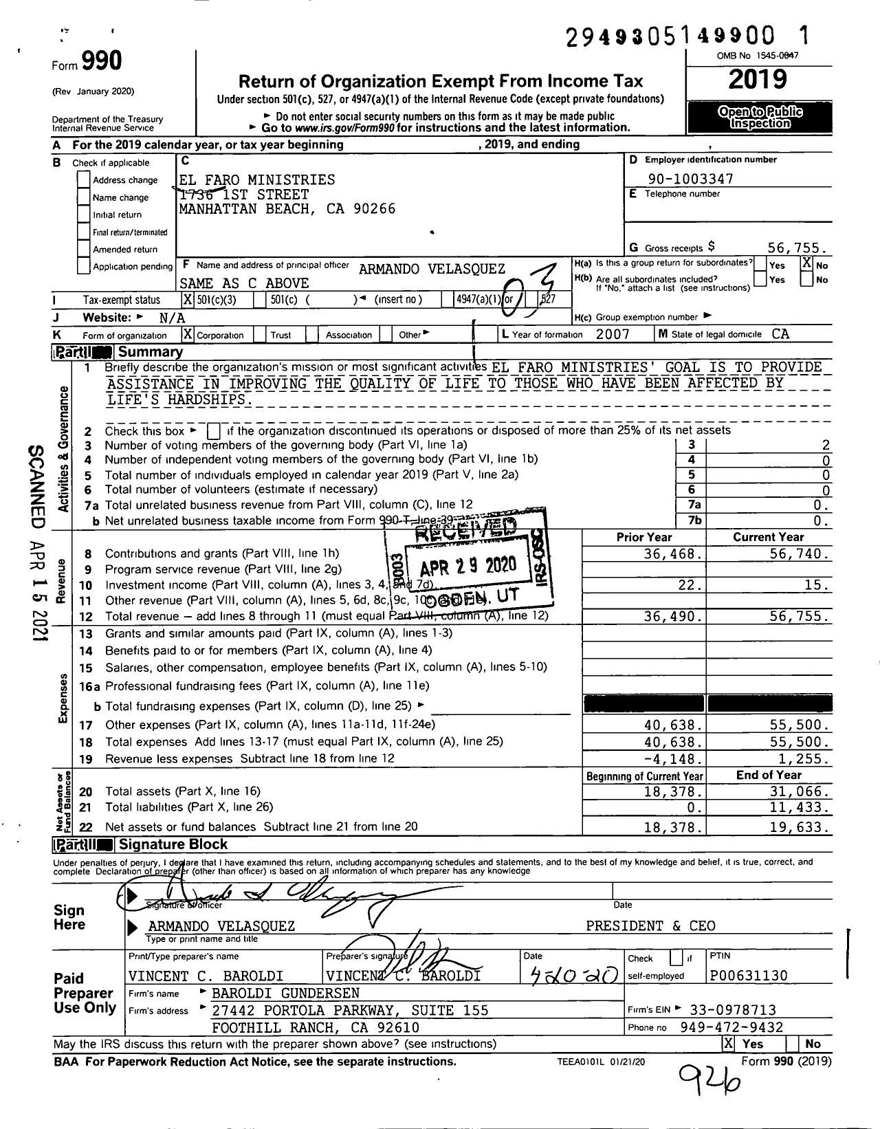 Image of first page of 2019 Form 990 for El Faro Ministries