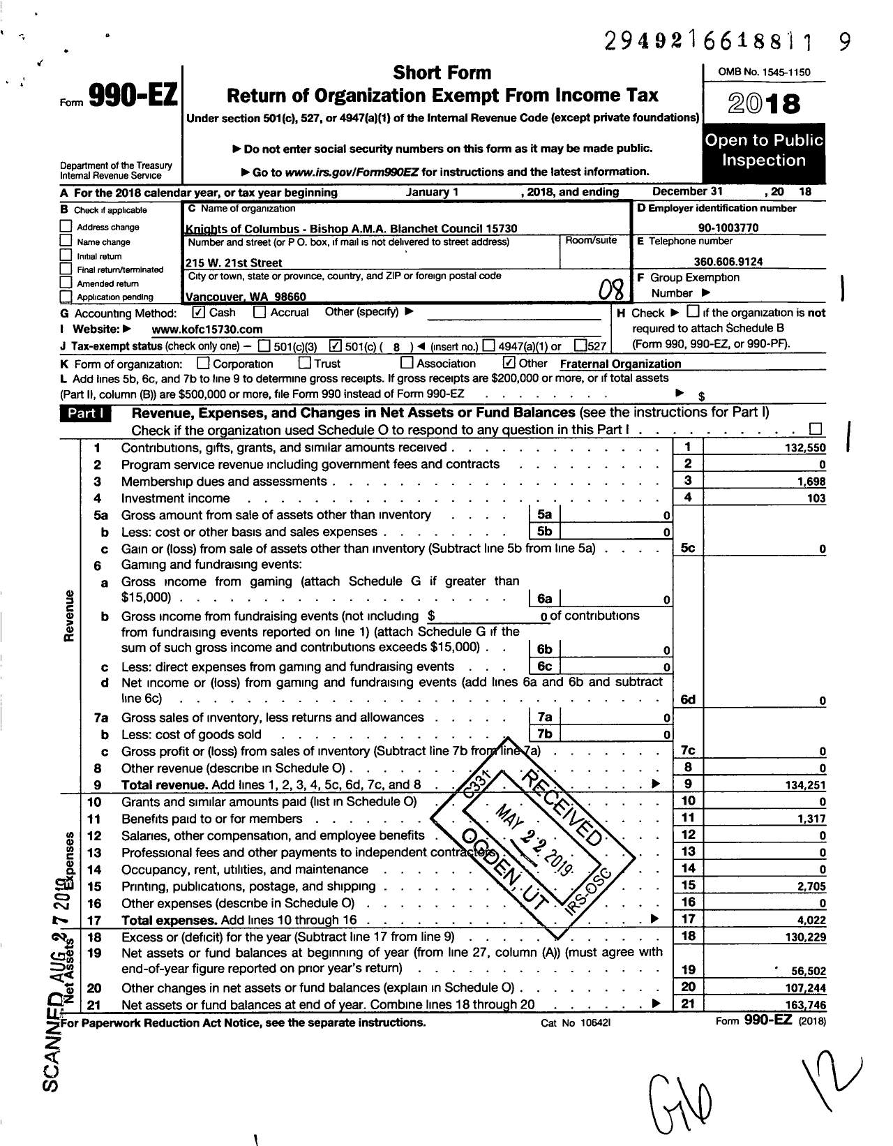 Image of first page of 2018 Form 990EO for Knights of Columbus - 15730 Bishop Blanchet