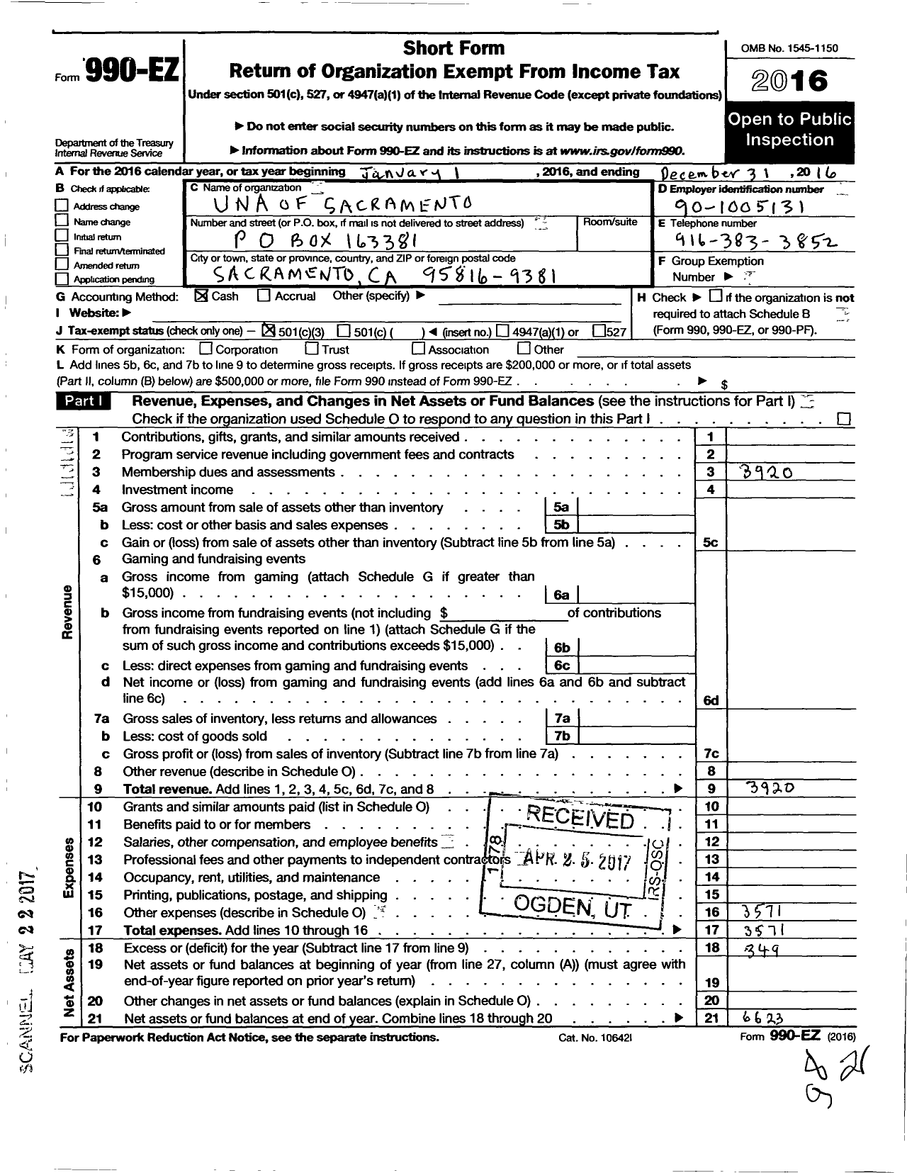 Image of first page of 2016 Form 990EZ for Better World Fund / Una of the USA Sacramento Chapter