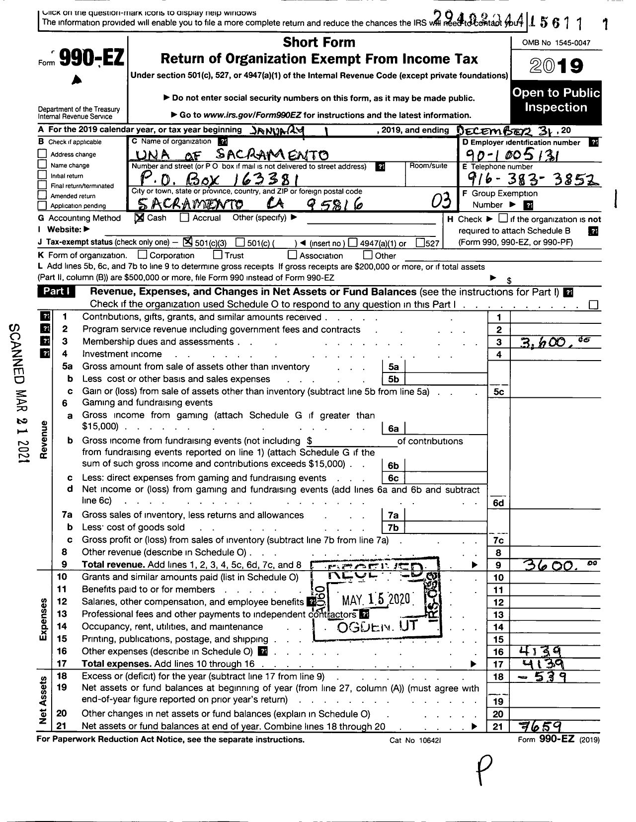 Image of first page of 2020 Form 990EZ for Better World Fund / Una of the USA Sacramento Chapter