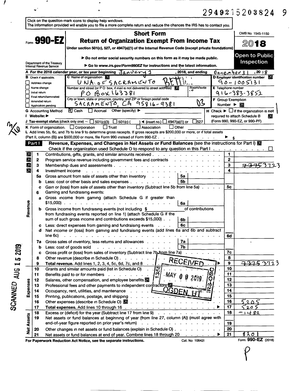 Image of first page of 2018 Form 990EZ for Better World Fund / Una of the USA Sacramento Chapter