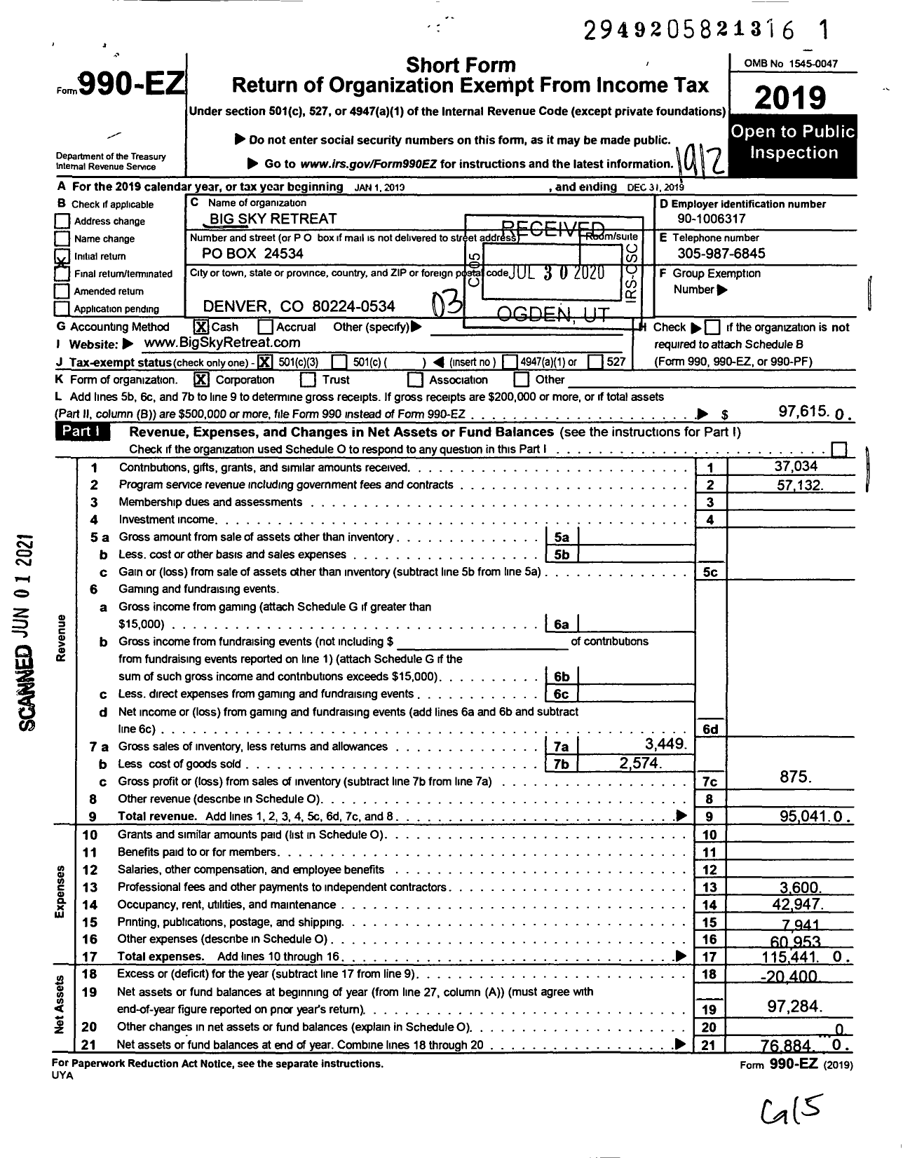 Image of first page of 2019 Form 990EZ for Big Sky Retreat