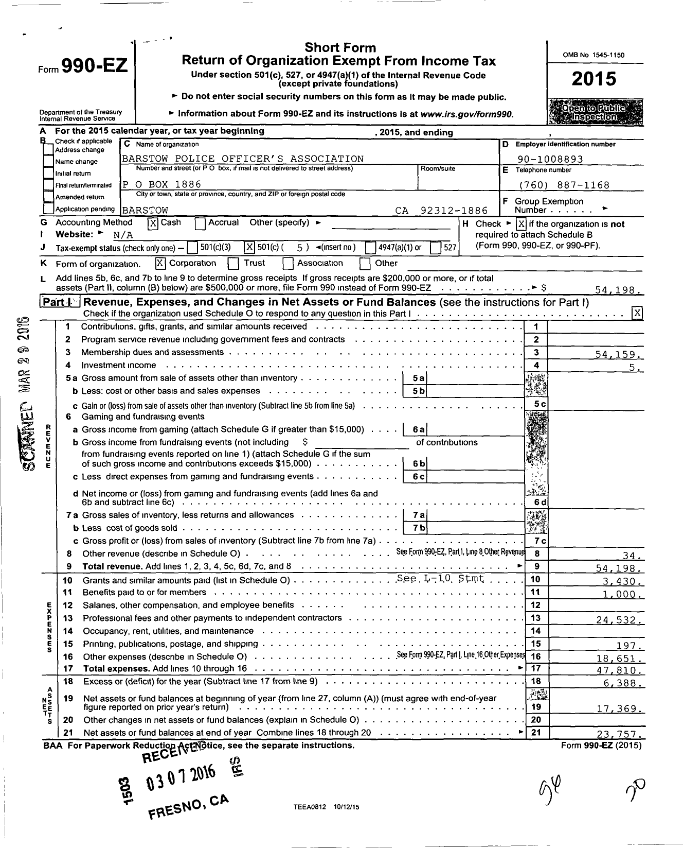 Image of first page of 2015 Form 990EO for Barstow Police Officers Association