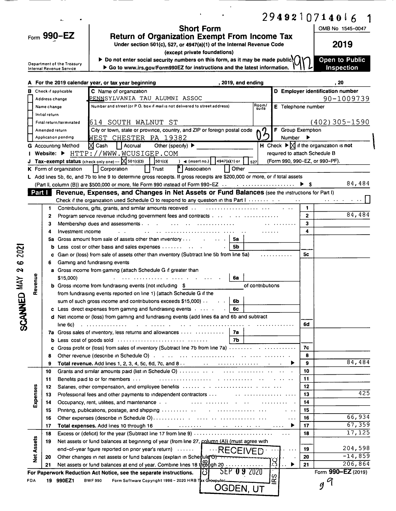 Image of first page of 2019 Form 990EZ for Pennsylvania Tau Alumni Association