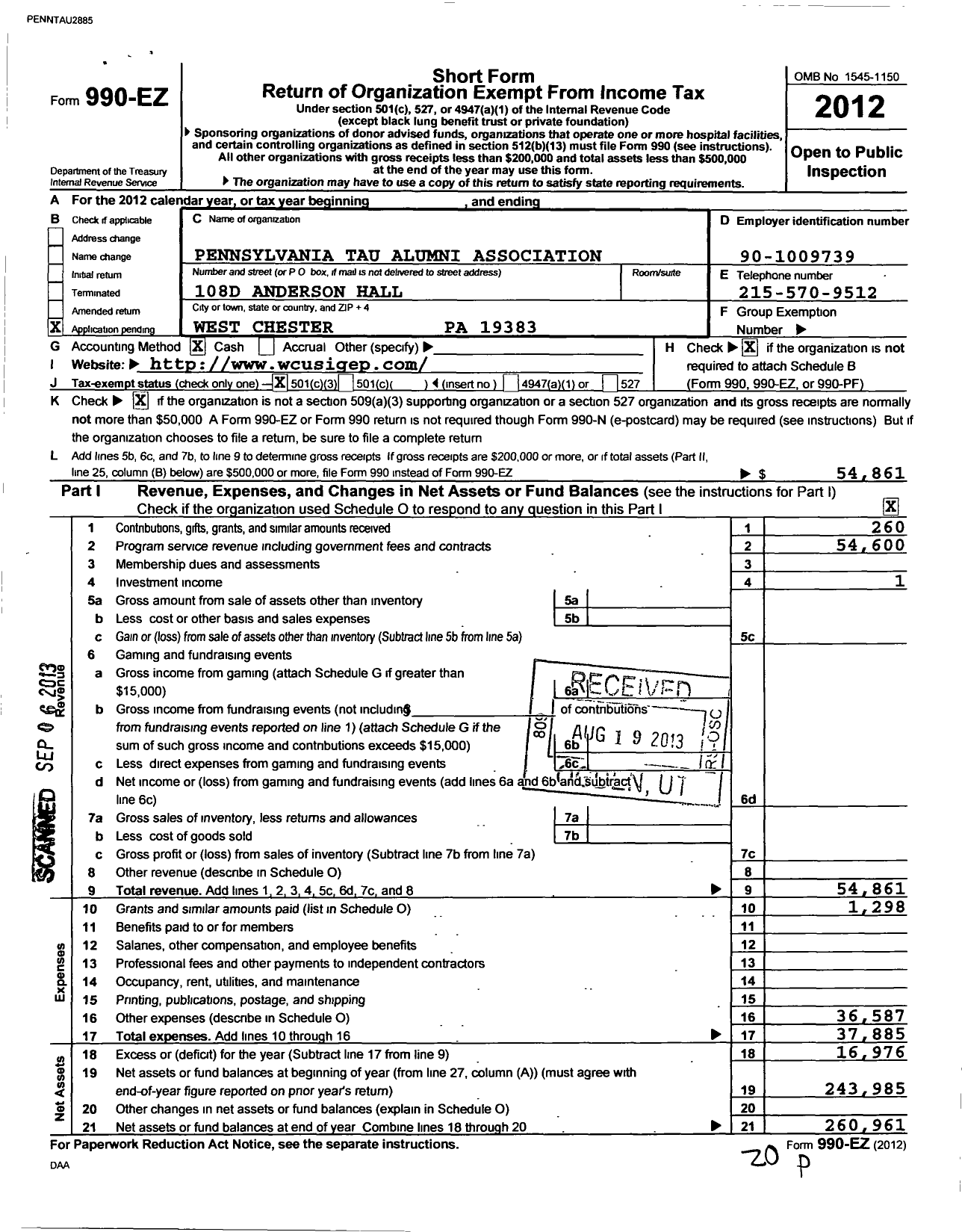 Image of first page of 2012 Form 990EZ for Pennsylvania Tau Alumni Association