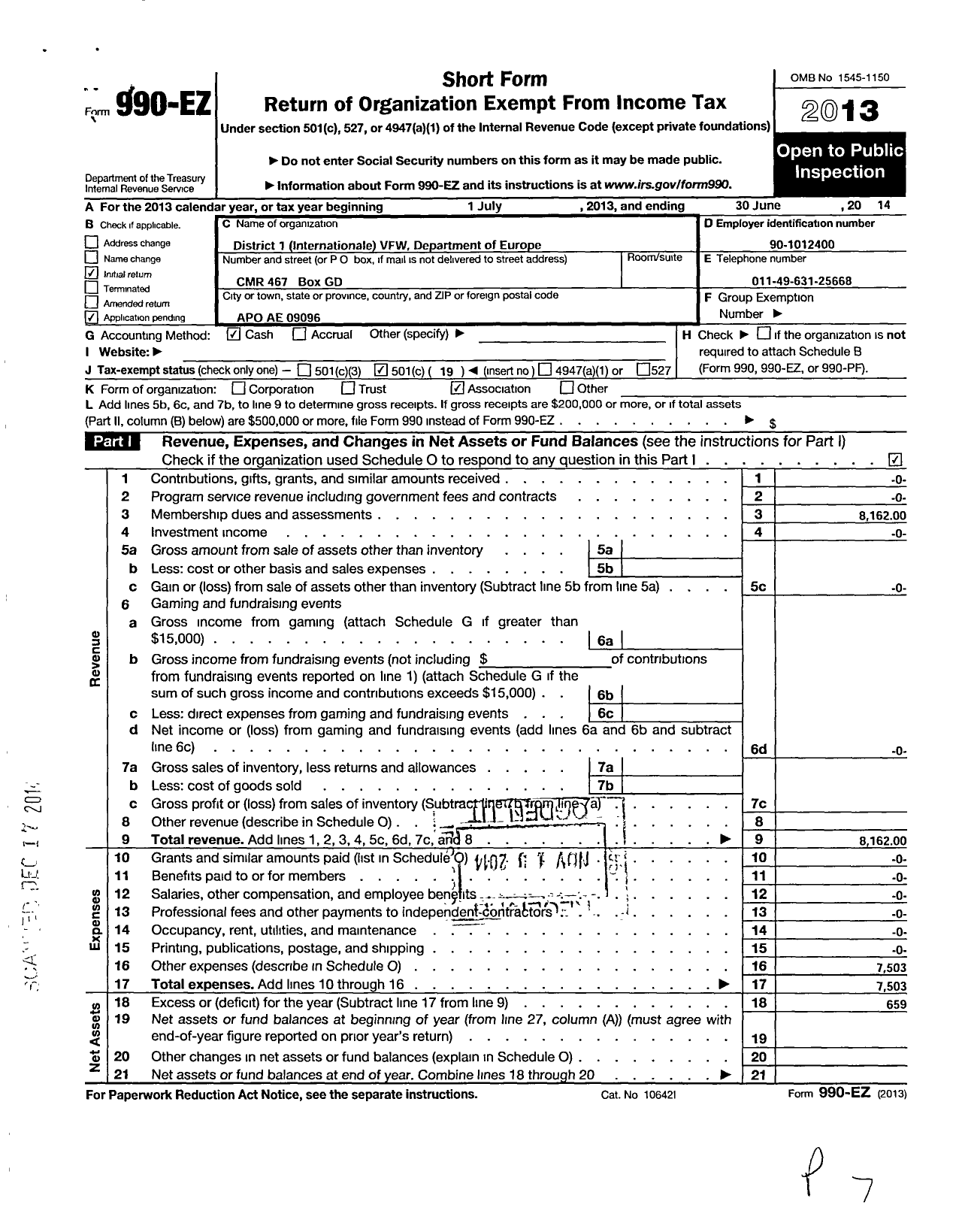 Image of first page of 2013 Form 990EO for District 1 Internationale VFW