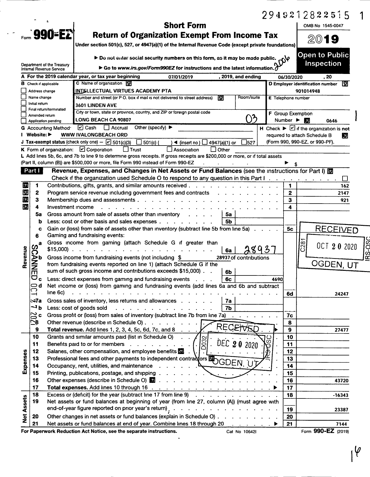 Image of first page of 2019 Form 990EZ for California State PTA - Intellectual Virtues Academy PTA