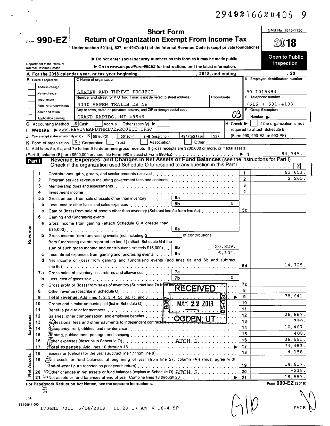 Image of first page of 2018 Form 990EZ for Revive and Thrive Project