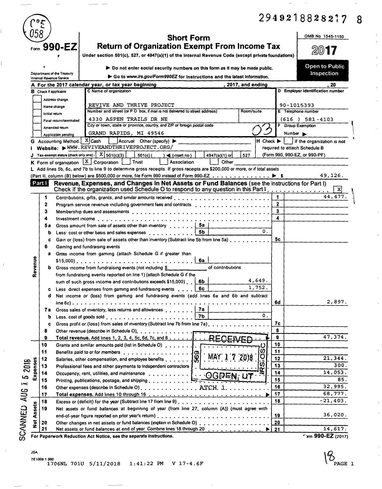 Image of first page of 2017 Form 990EZ for Revive and Thrive Project