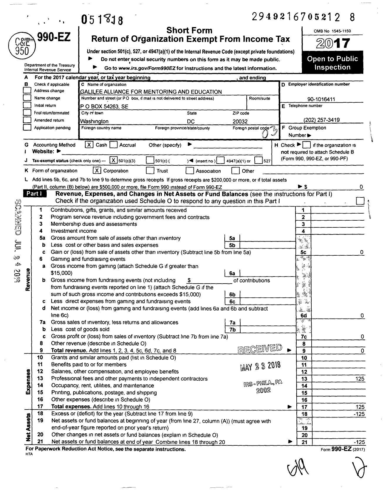 Image of first page of 2017 Form 990EZ for Galilee Alliance for Mentoring and Education