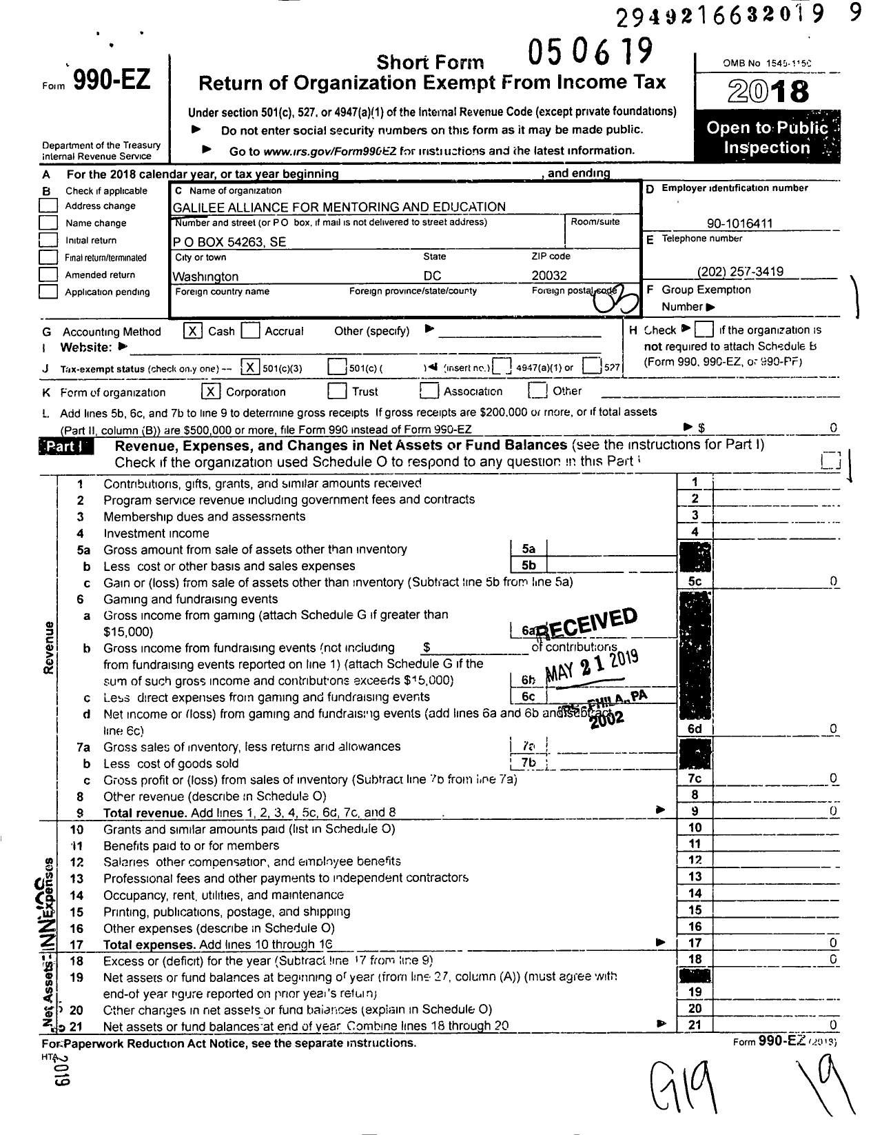 Image of first page of 2018 Form 990EZ for Galilee Alliance for Mentoring and Education