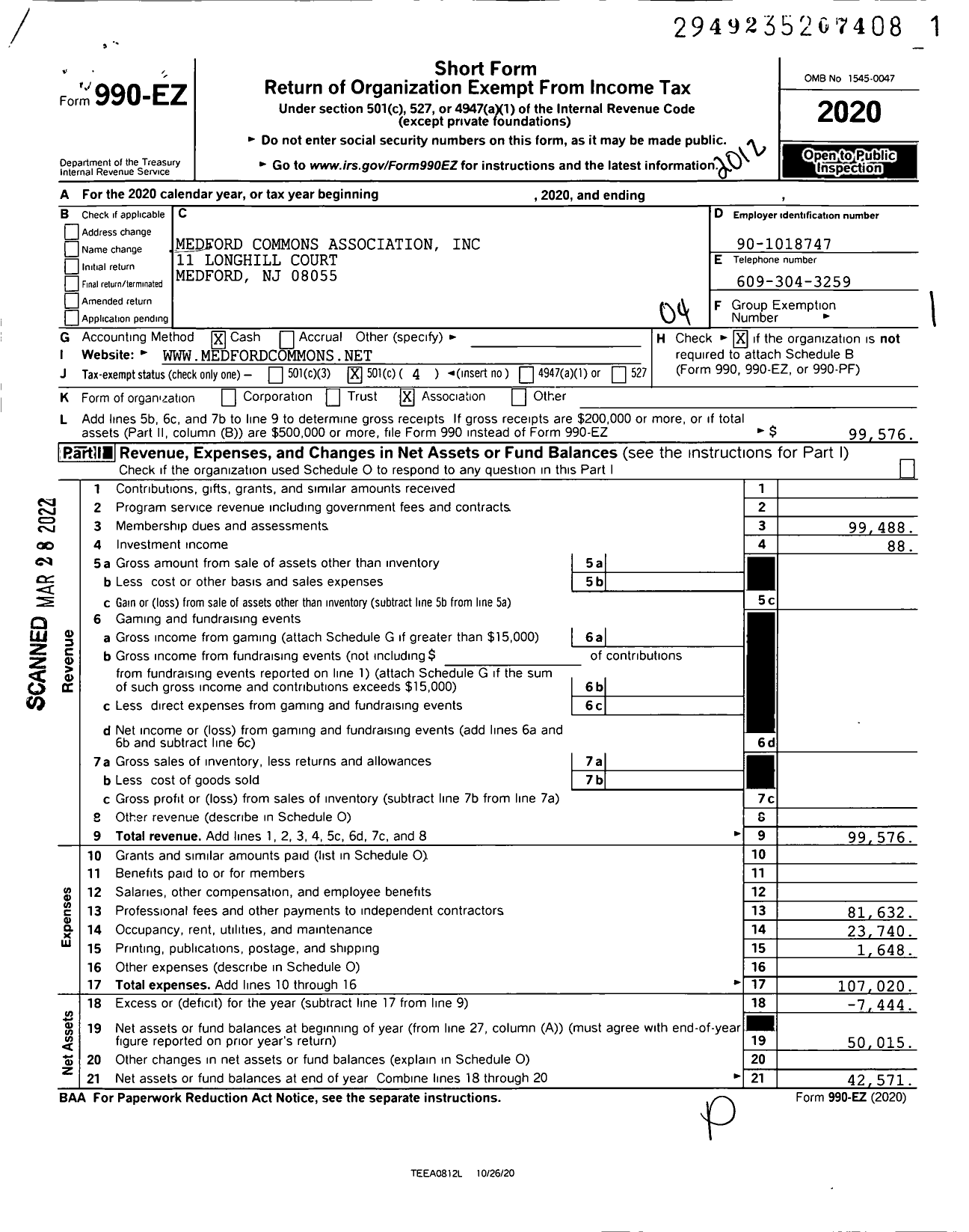 Image of first page of 2020 Form 990EO for Medford Commons Association