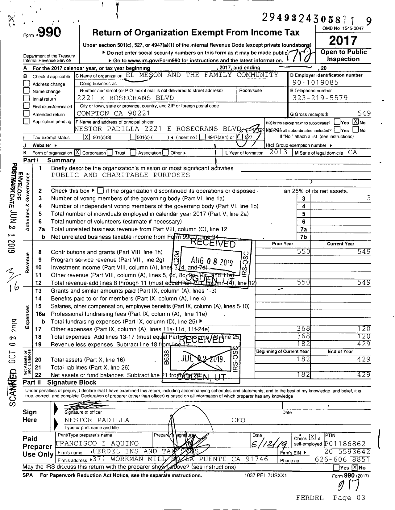 Image of first page of 2017 Form 990 for El Meson and the Family