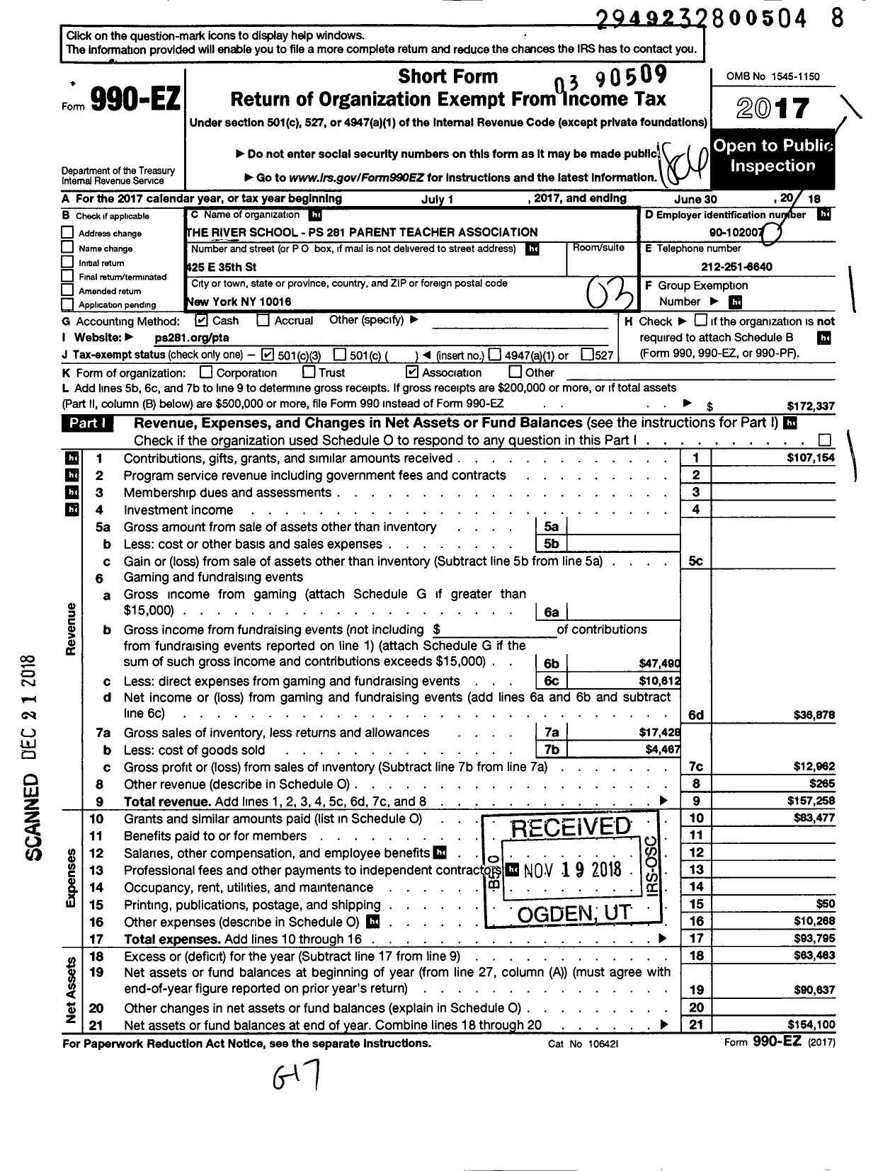 Image of first page of 2017 Form 990EZ for The River School - PS 281 PTA